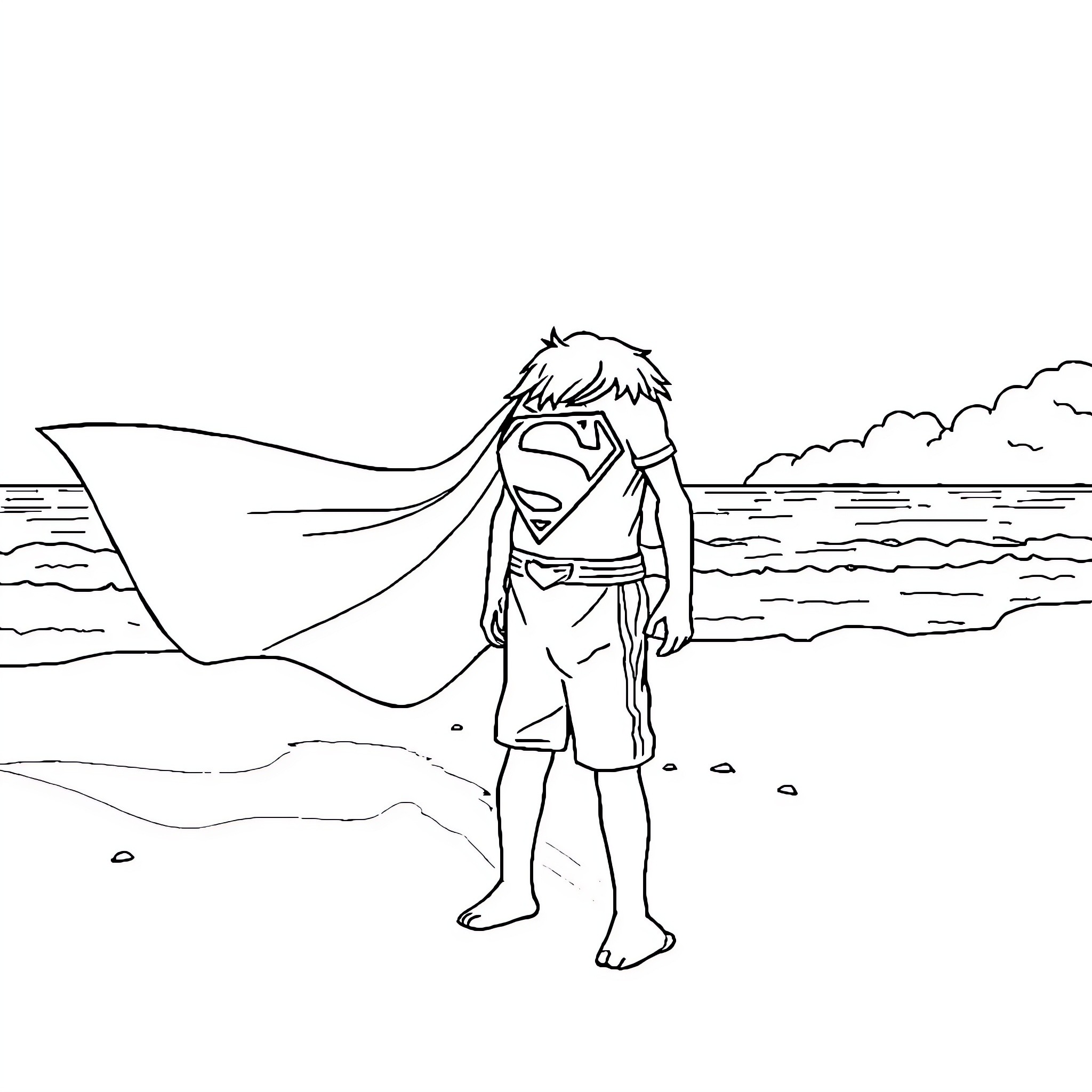 Boy in superhero costume standing on the beach Coloring Page (free black-and-white line drawing printable PDF for all, from beginners to advanced learners, including children, teens, adults, and seniors)