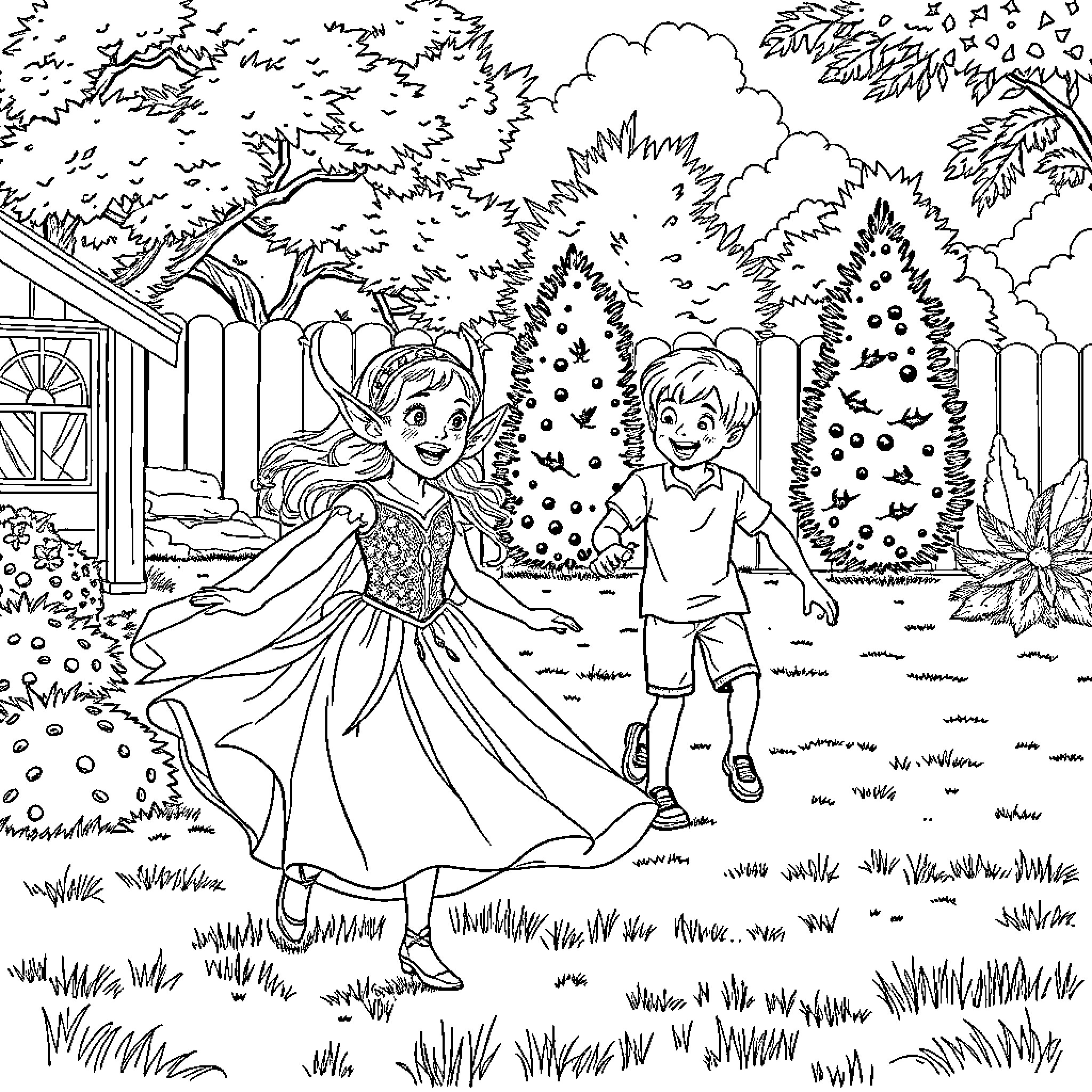 Elven Queen and Prince Enjoying a Magical Forest Stroll Coloring Page (free black-and-white line drawing printable PDF for all, from beginners to advanced learners, including children, teens, adults, and seniors)