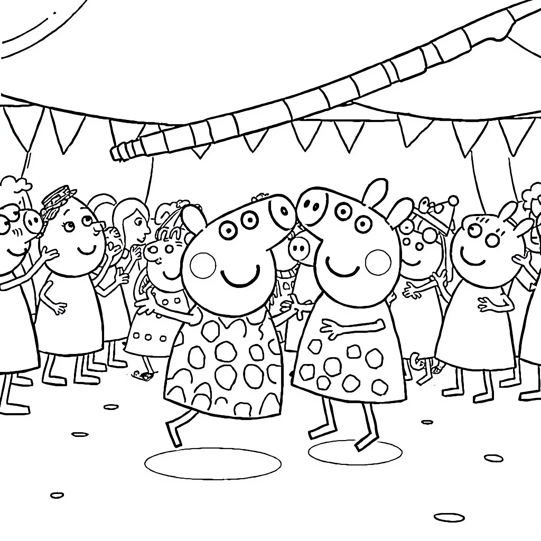 Peppa Pig and friends celebrate with party decorations Coloring Page (free black-and-white line drawing printable PDF for all, from beginners to advanced learners, including children, teens, adults, and seniors)