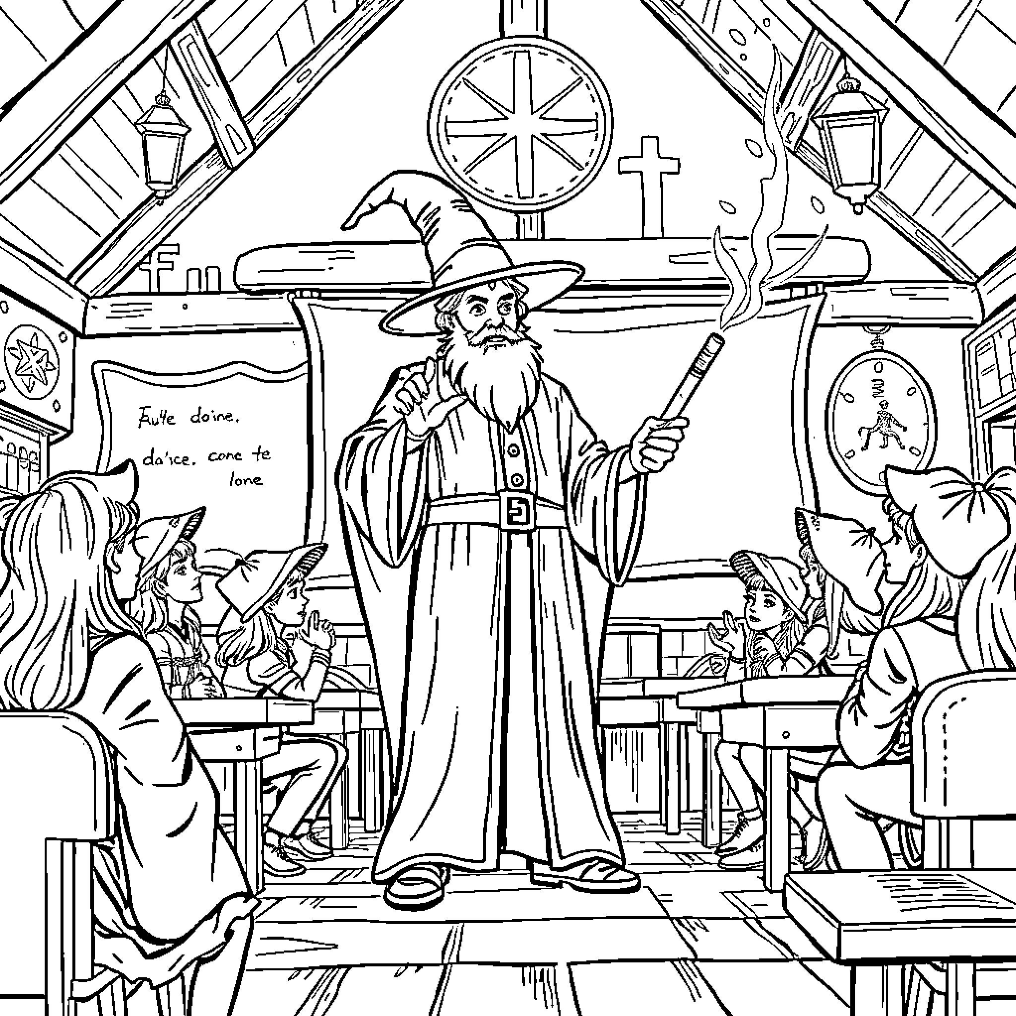 Magician Performing Enchanting Show in Classroom Coloring Page (free black-and-white line drawing printable PDF for all, from beginners to advanced learners, including children, teens, adults, and seniors)
