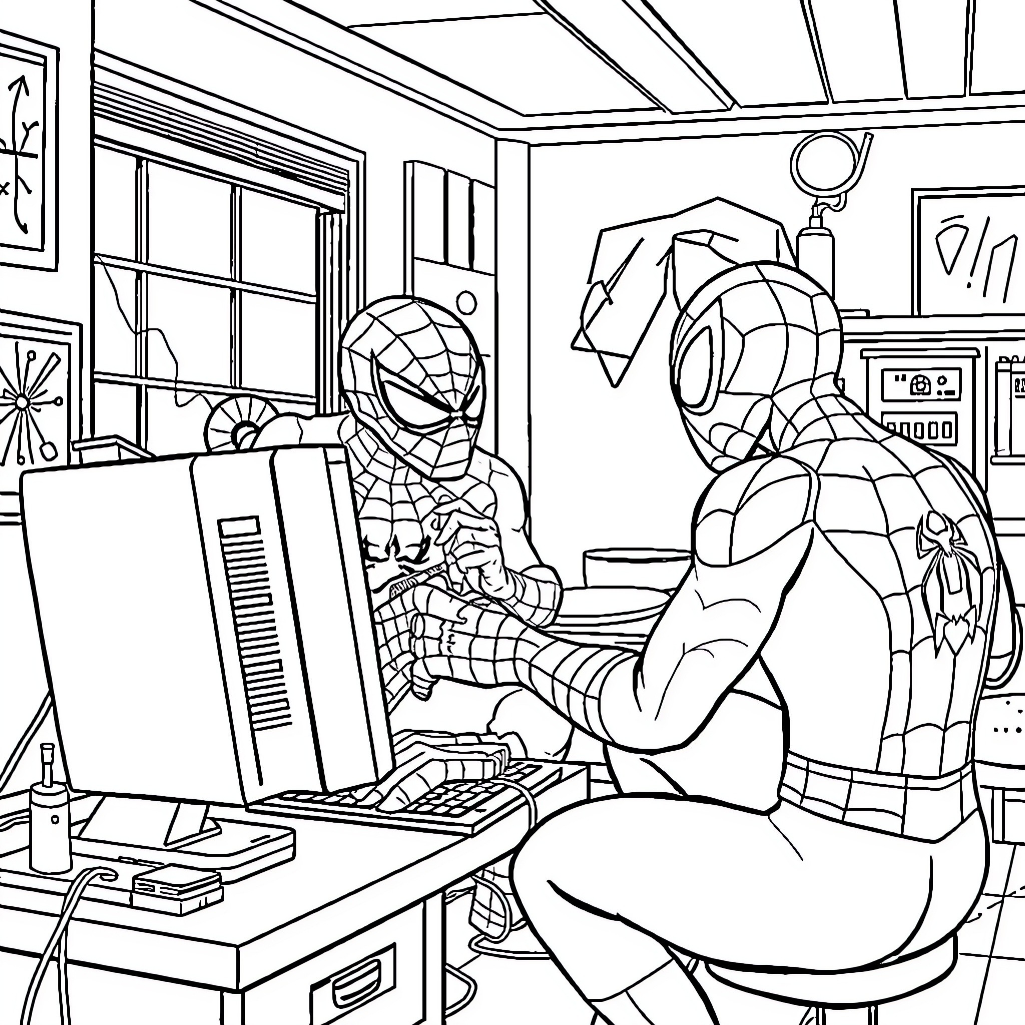 Spiderman working on a computer in a home office Coloring Page (free black-and-white line drawing printable PDF for all, from beginners to advanced learners, including children, teens, adults, and seniors)