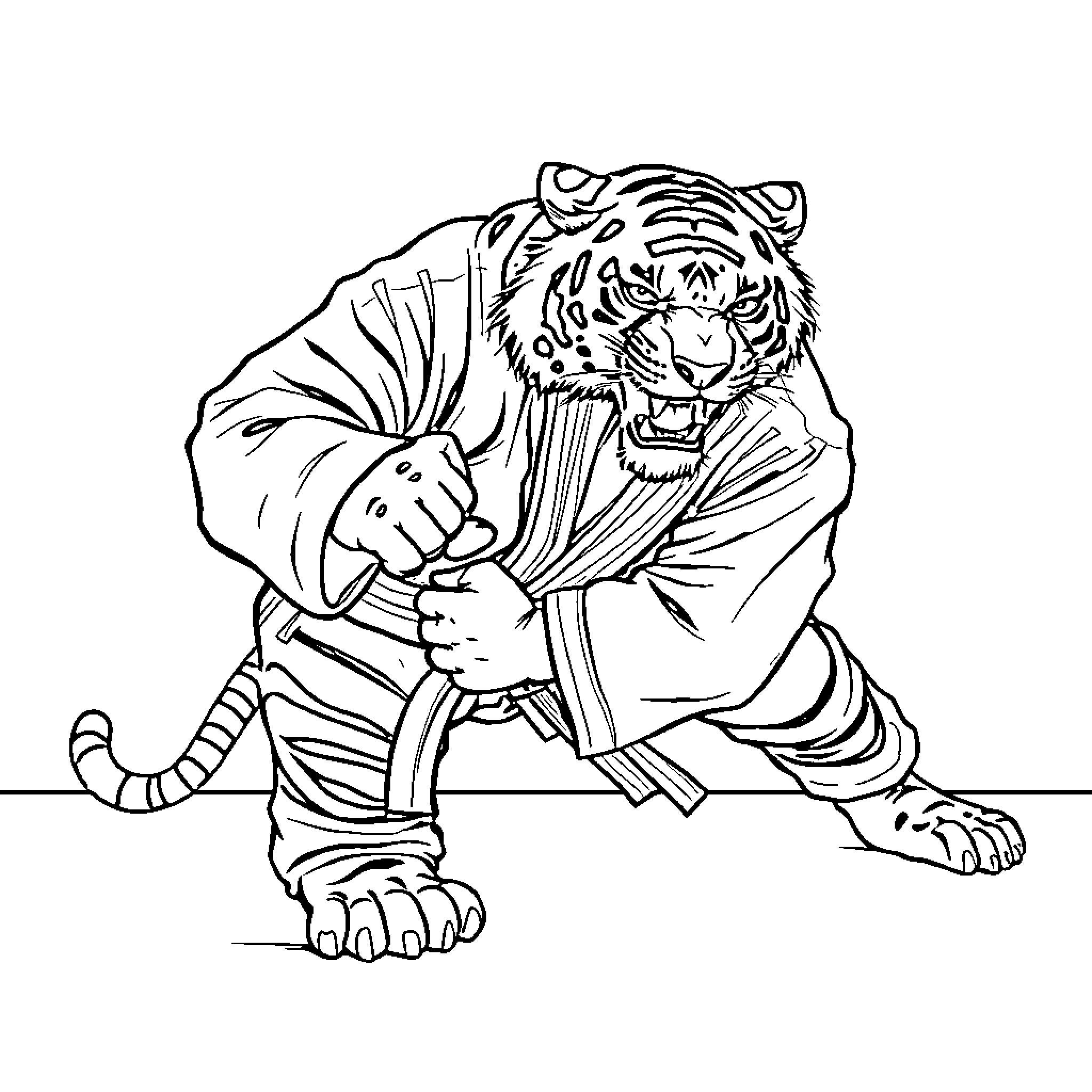 Tiger striking an intimidating martial arts pose Coloring Page (free black-and-white line drawing printable PDF for all, from beginners to advanced learners, including children, teens, adults, and seniors)