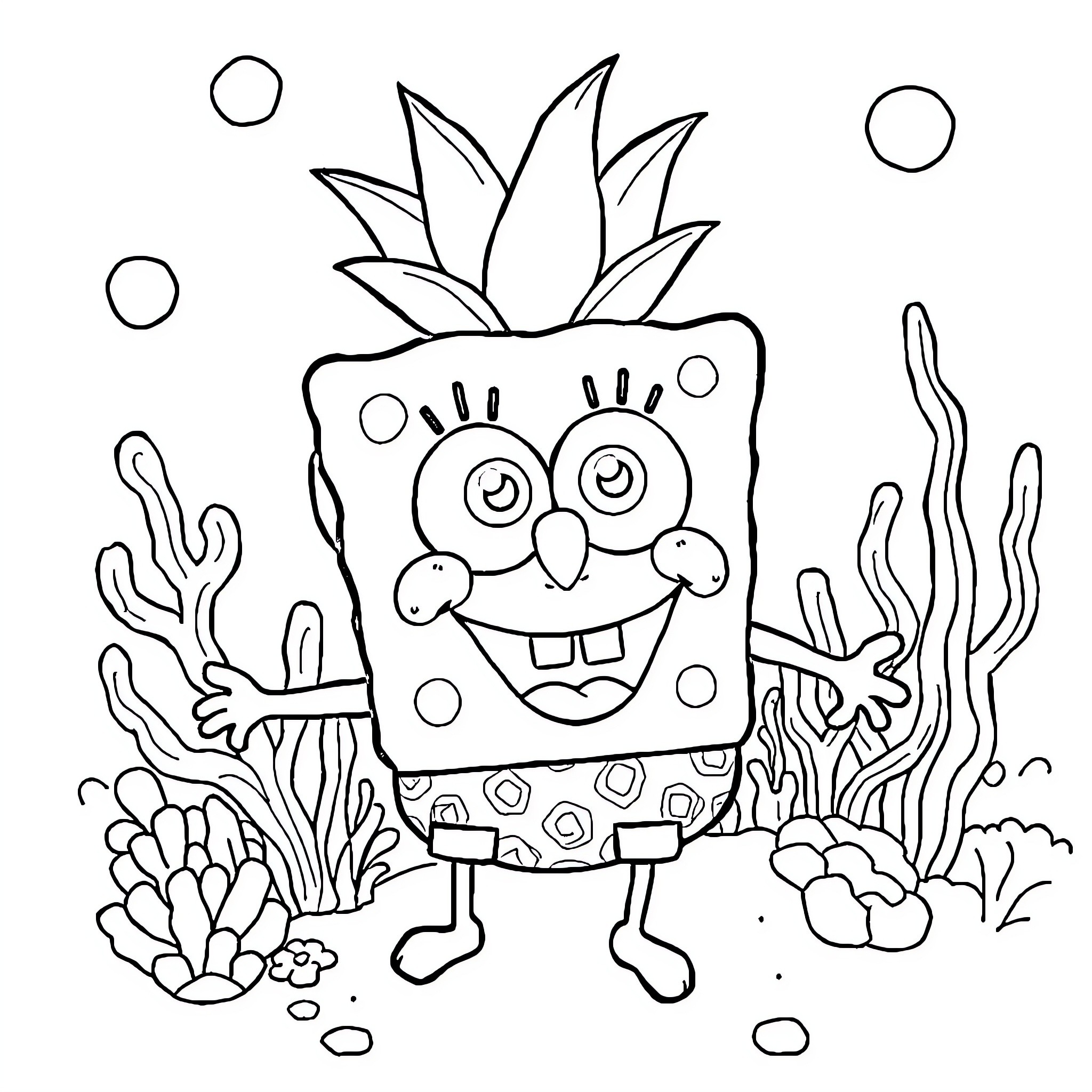 Spongebob in an underwater scene Coloring Page (free black-and-white line drawing printable PDF for all, from beginners to advanced learners, including children, teens, adults, and seniors)