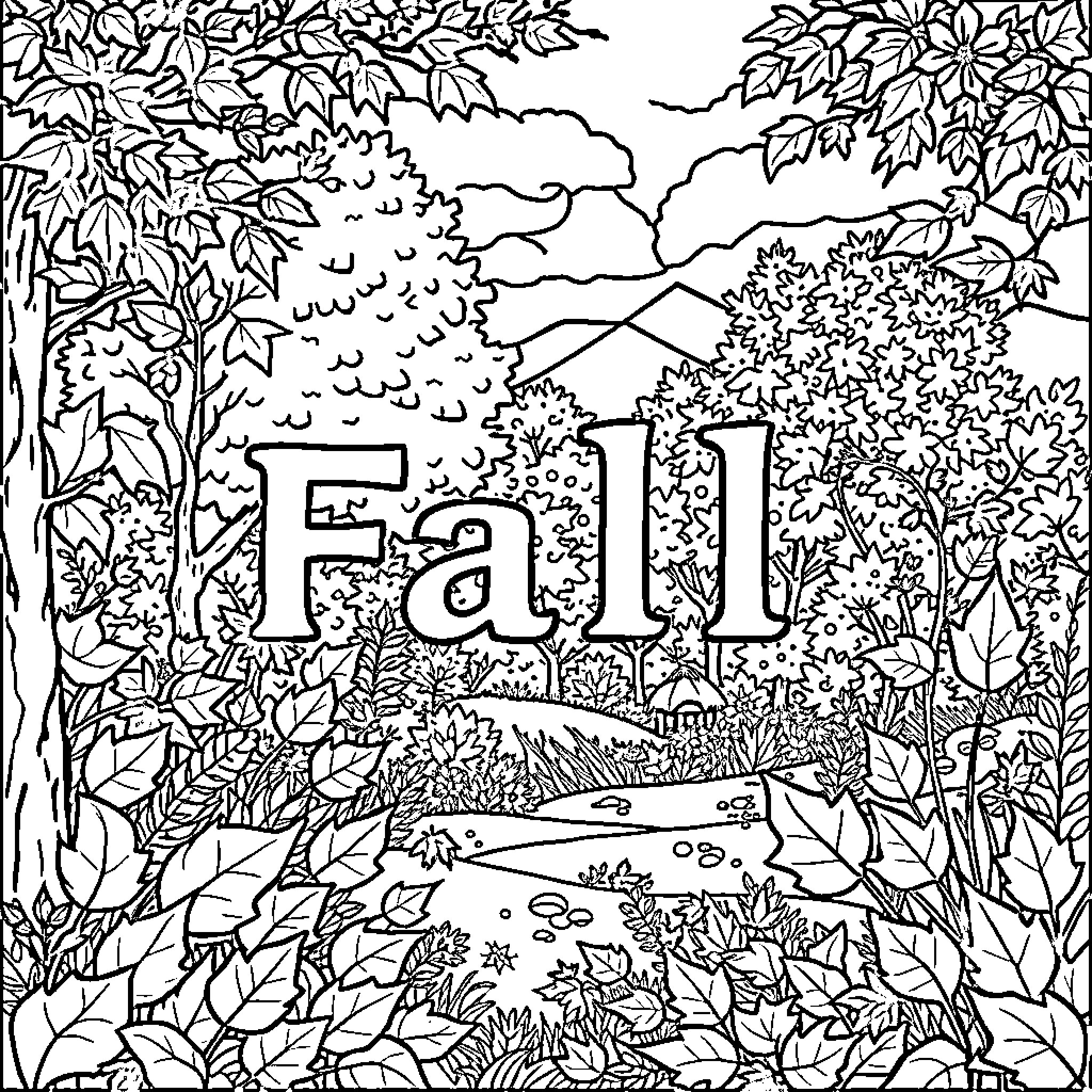 Fall scenery with nature elements Coloring Page (free black-and-white line drawing printable PDF for all, from beginners to advanced learners, including children, teens, adults, and seniors)