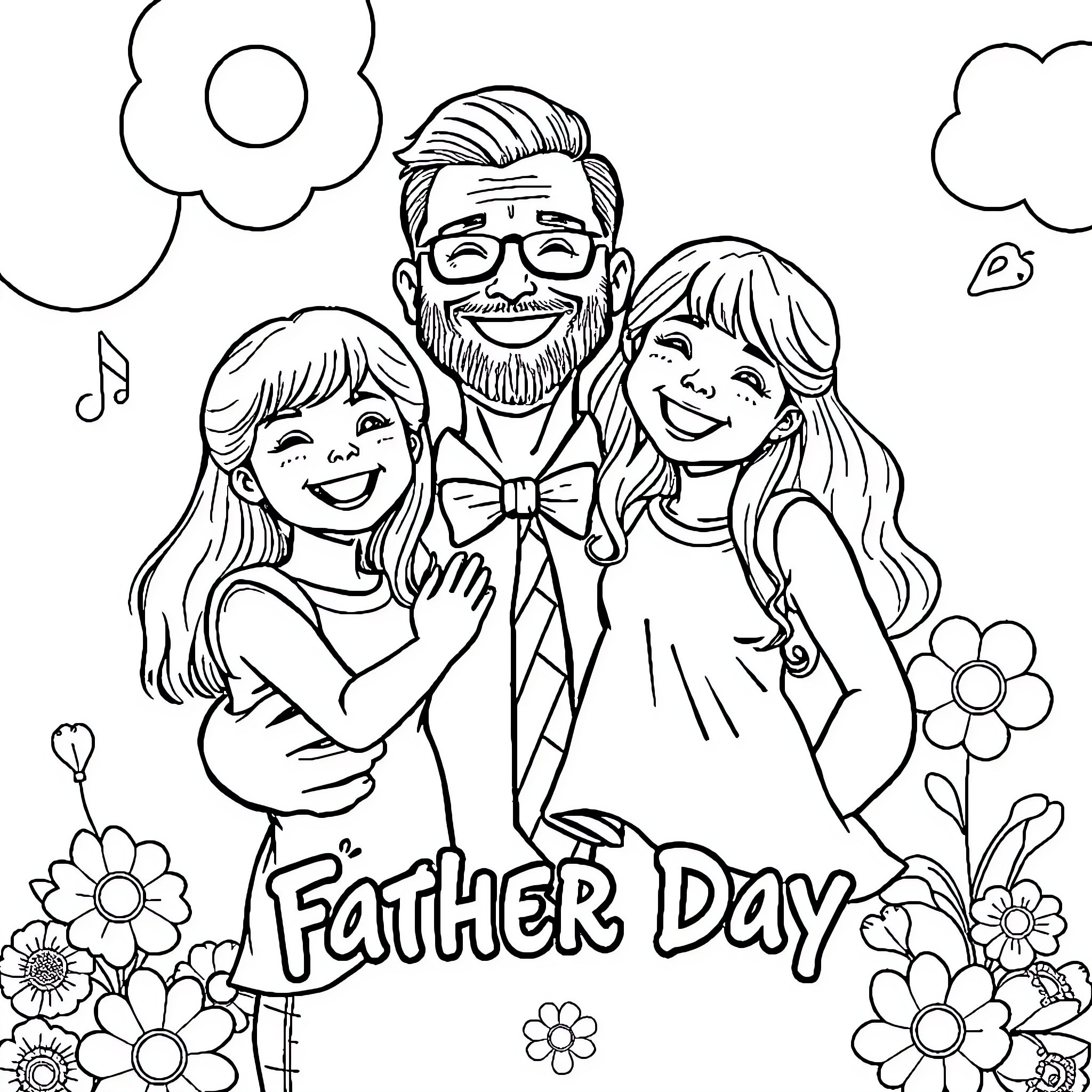 Father embracing his daughters with joy Coloring Page (free black-and-white line drawing printable PDF for all, from beginners to advanced learners, including children, teens, adults, and seniors)