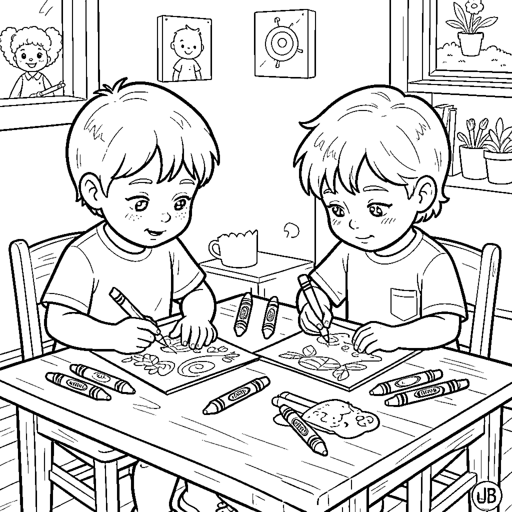 Kid drawing creative pictures at a table Coloring Page (free black-and-white line drawing printable PDF for all, from beginners to advanced learners, including children, teens, adults, and seniors)
