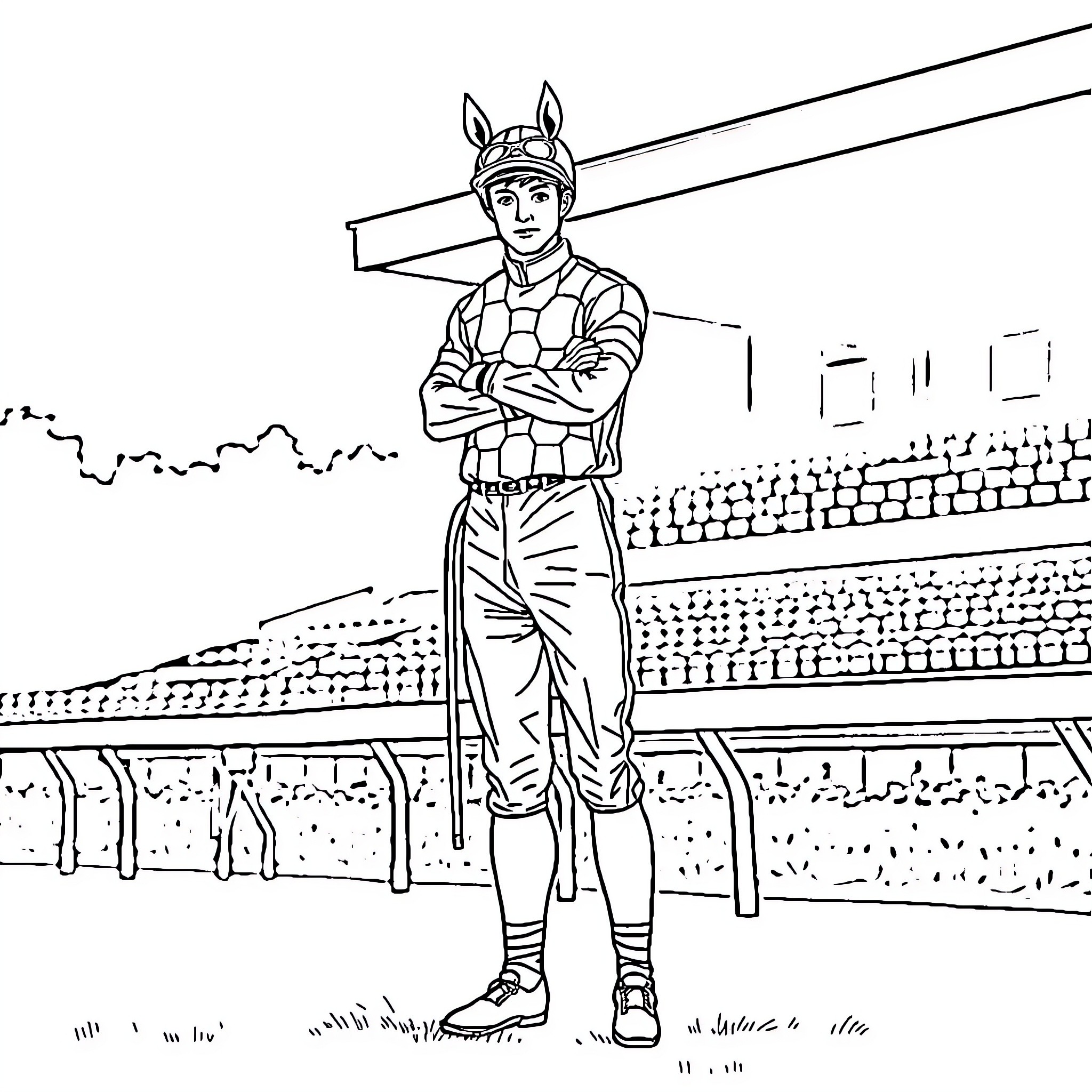 Jockey stands proudly on the racetrack Coloring Page (free black-and-white line drawing printable PDF for all, from beginners to advanced learners, including children, teens, adults, and seniors)