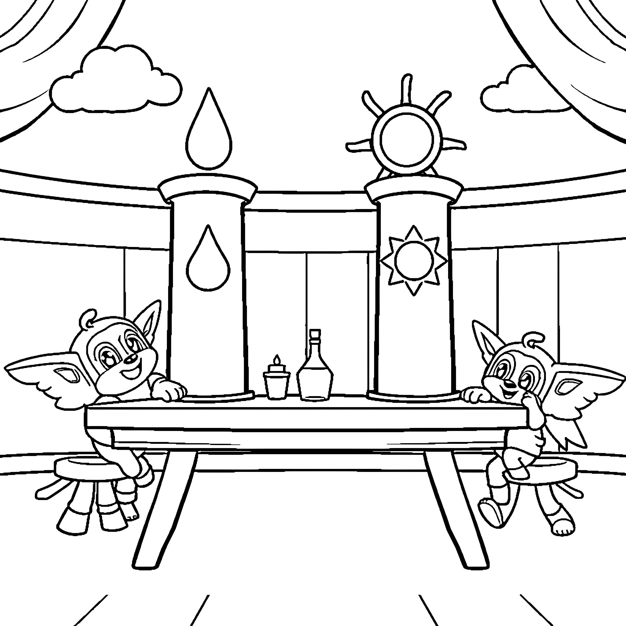 Super Wings characters playing in a tent Coloring Page (free black-and-white line drawing printable PDF for all, from beginners to advanced learners, including children, teens, adults, and seniors)