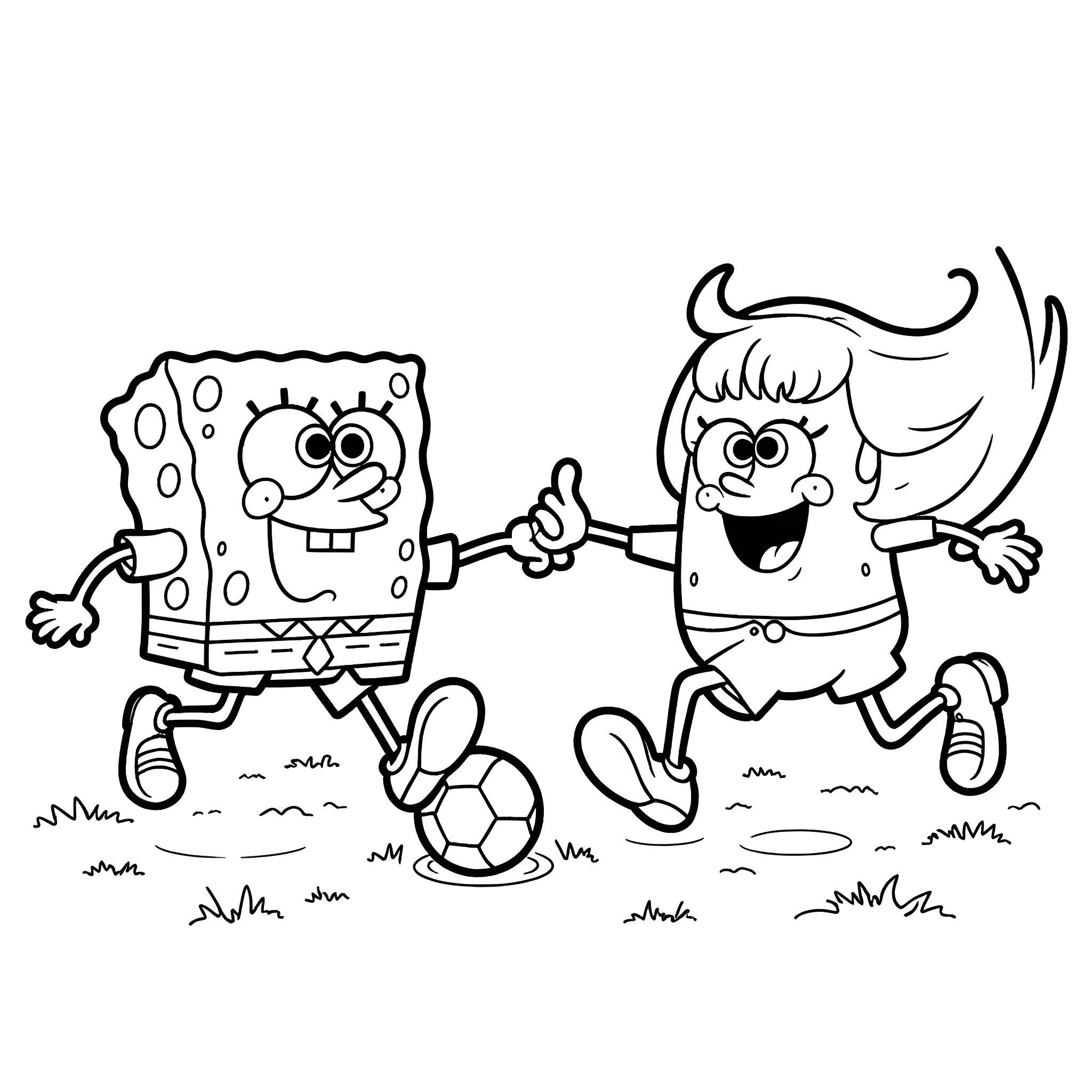 Spongebob and Patrick playing soccer joyfully Coloring Page (free black-and-white line drawing printable PDF for all, from beginners to advanced learners, including children, teens, adults, and seniors)