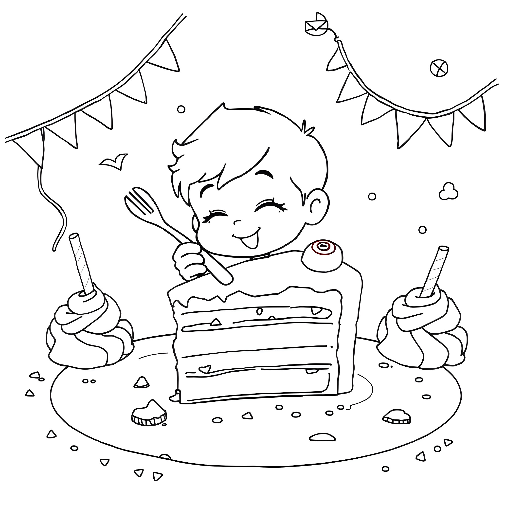 Guy enjoying birthday cake and decorations Coloring Page (free black-and-white line drawing printable PDF for all, from beginners to advanced learners, including children, teens, adults, and seniors)