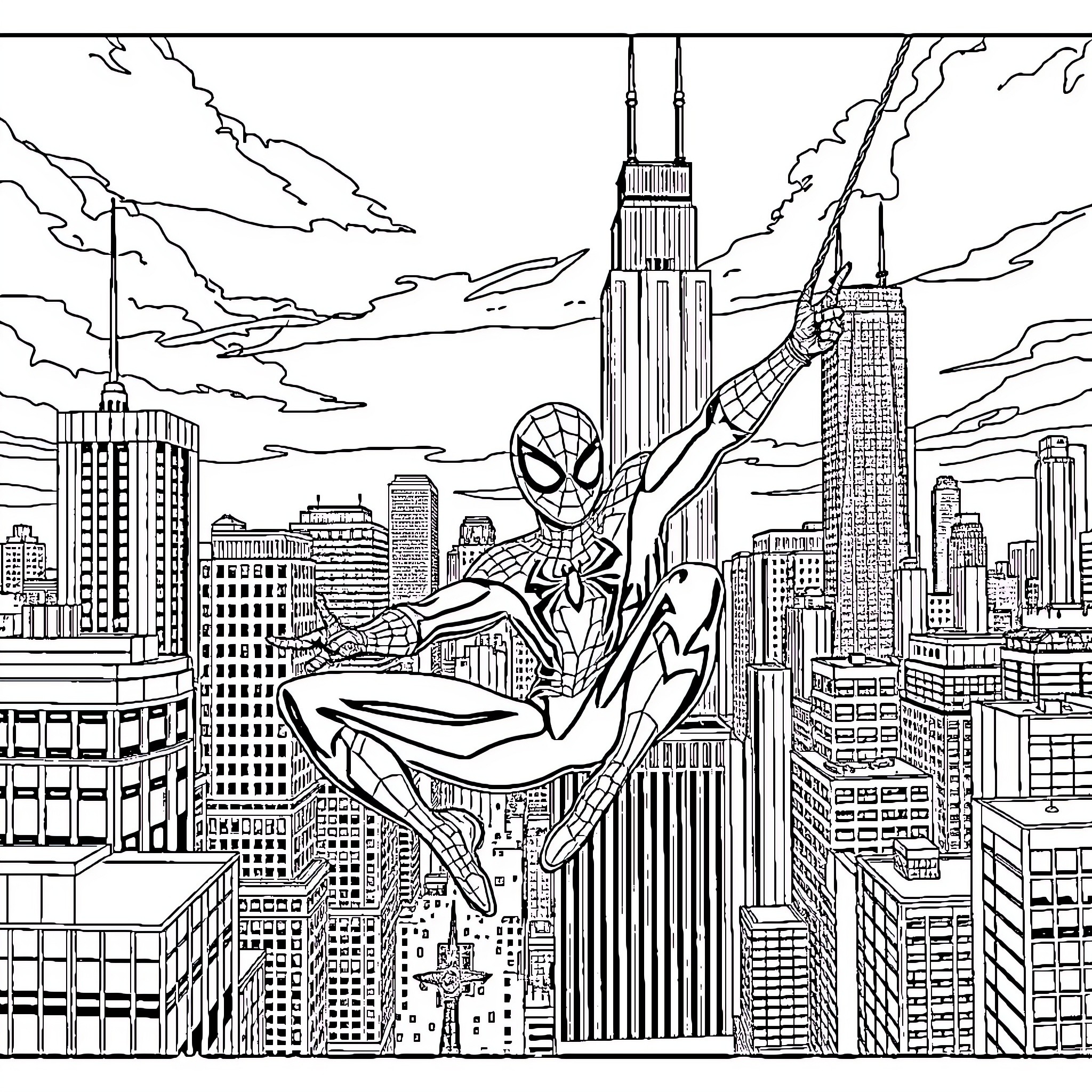 Spider-Man swinging through the cityscape Coloring Page (free black-and-white line drawing printable PDF for all, from beginners to advanced learners, including children, teens, adults, and seniors)