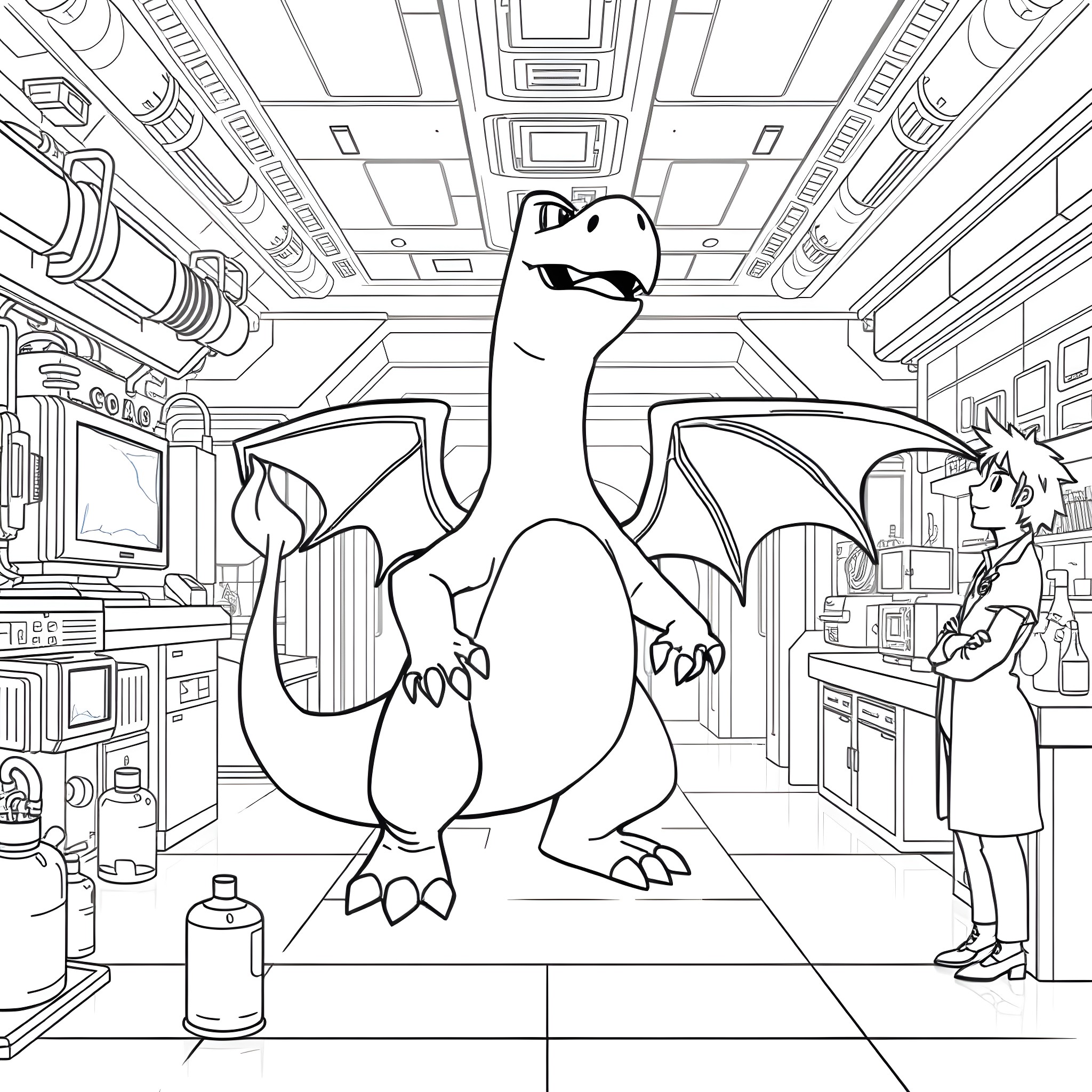 Charizard, the Powerful Dragon-Type Pokémon, in a Futuristic Lab Coloring Page (free black-and-white line drawing printable PDF for all, from beginners to advanced learners, including children, teens, adults, and seniors)