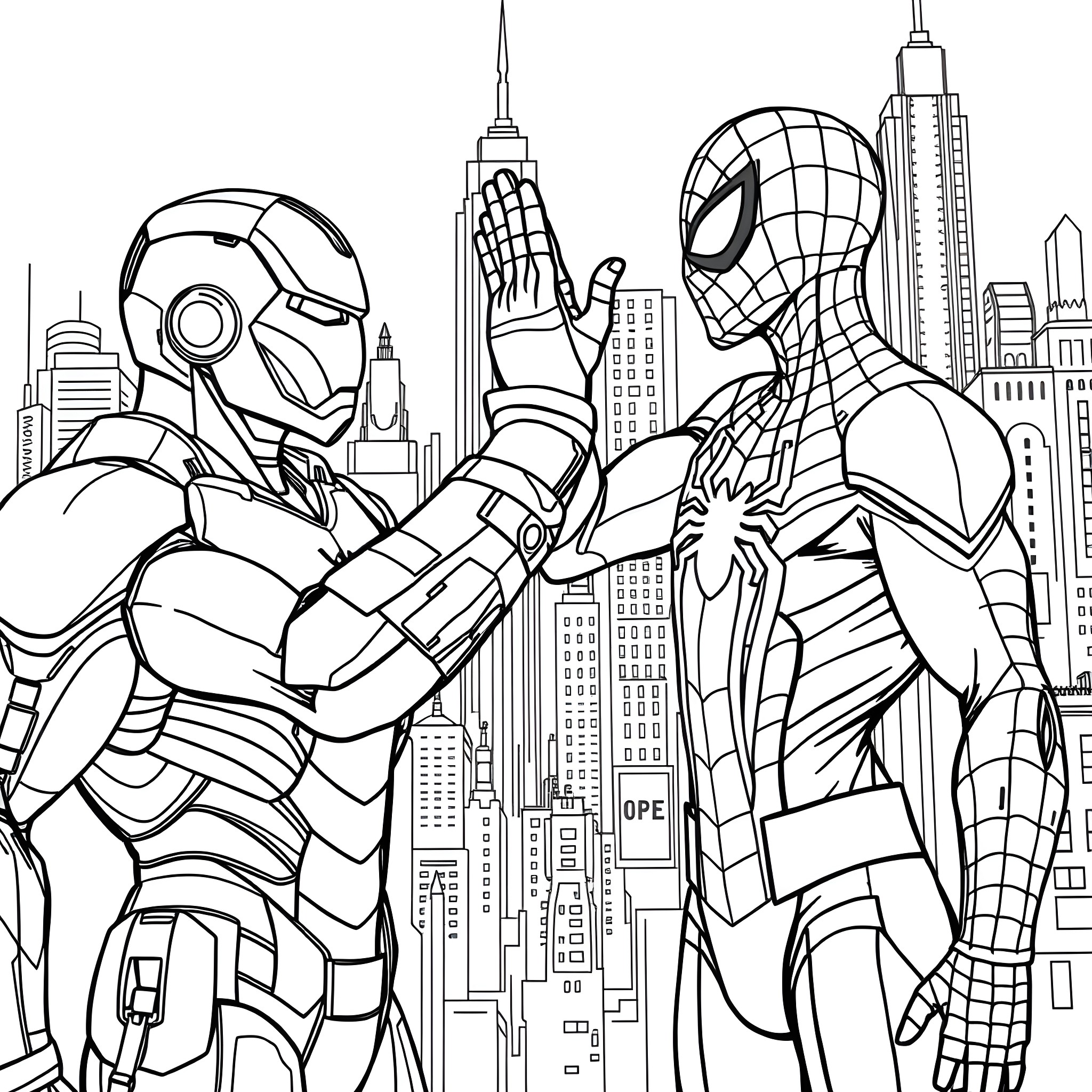 Ironman and Spiderman Heroic Defenders of the City Coloring Page (free black-and-white line drawing printable PDF for all, from beginners to advanced learners, including children, teens, adults, and seniors)