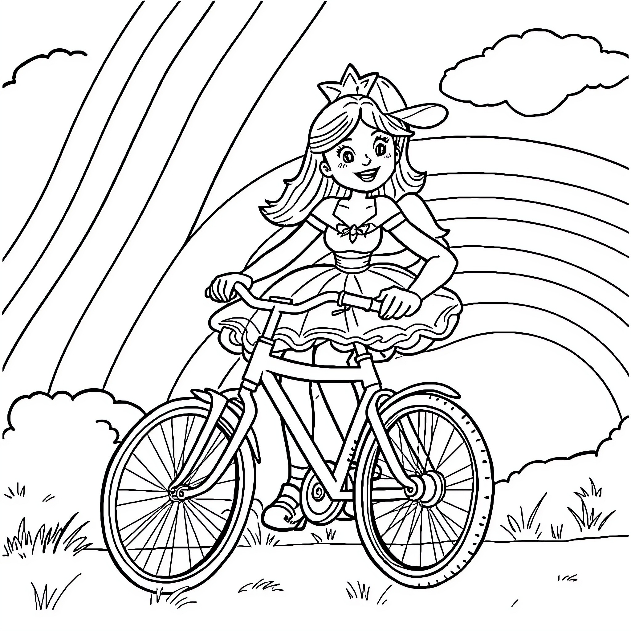 Princess riding a bicycle in the rainbow park Coloring Page (free black-and-white line drawing printable PDF for all, from beginners to advanced learners, including children, teens, adults, and seniors)