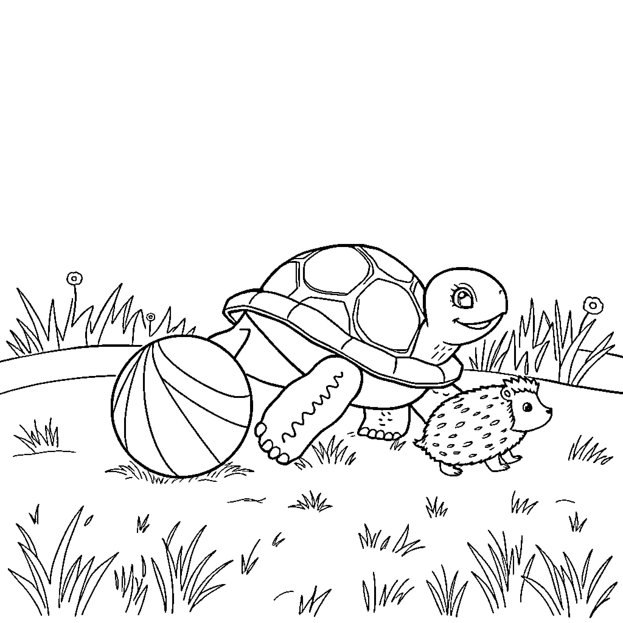 Turtle playing with ball in grassy meadow Coloring Page (free black-and-white line drawing printable PDF for all, from beginners to advanced learners, including children, teens, adults, and seniors)