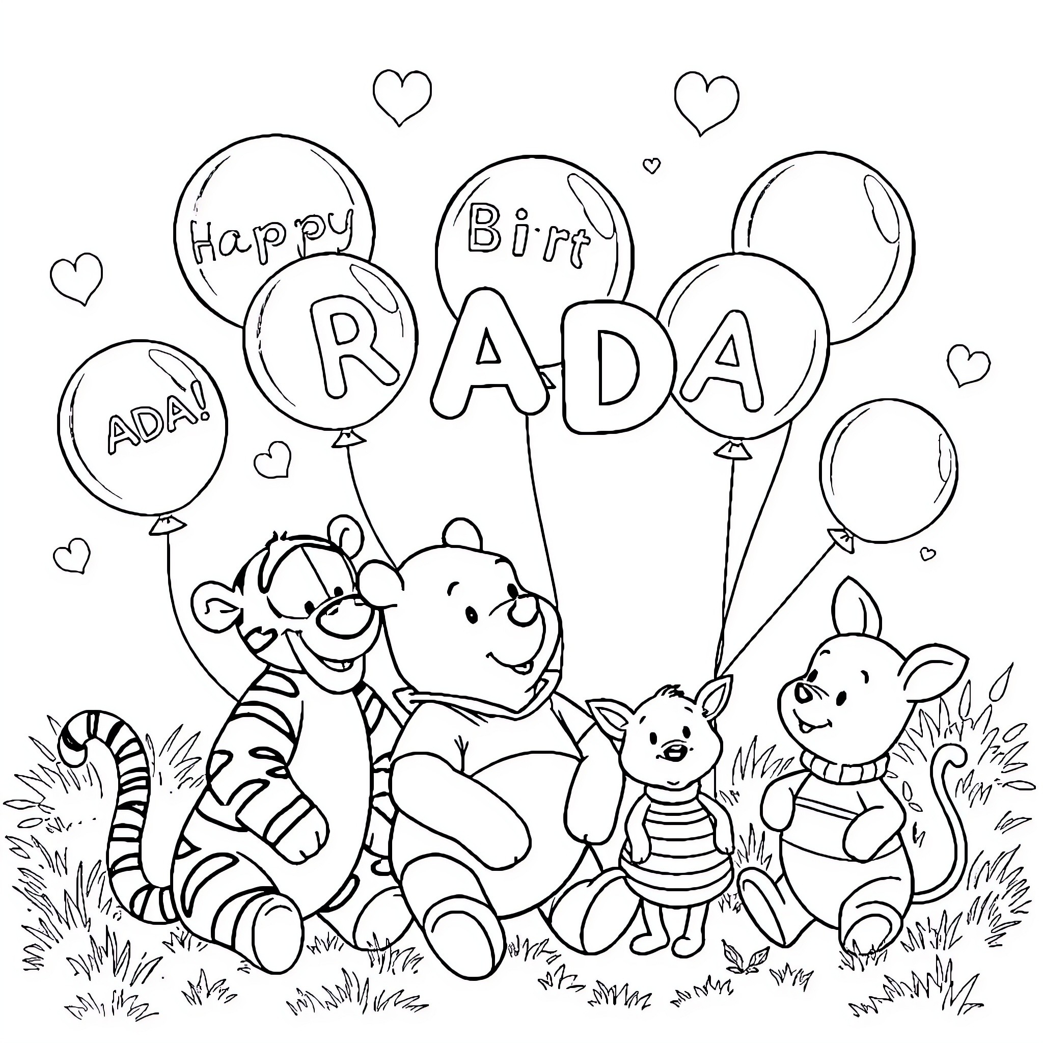 Winnie The Pooh and friends celebrate a birthday with balloons Coloring Page (free black-and-white line drawing printable PDF for all, from beginners to advanced learners, including children, teens, adults, and seniors)