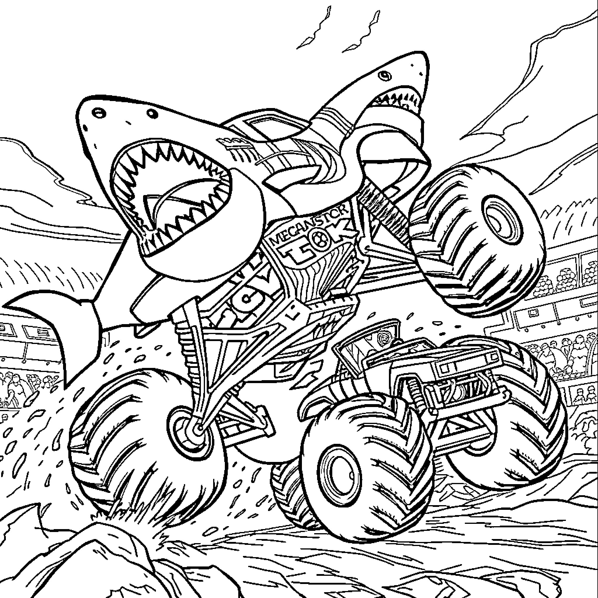 Megalodon Monster Truck Crushing Competition Coloring Page (free black-and-white line drawing printable PDF for all, from beginners to advanced learners, including children, teens, adults, and seniors)