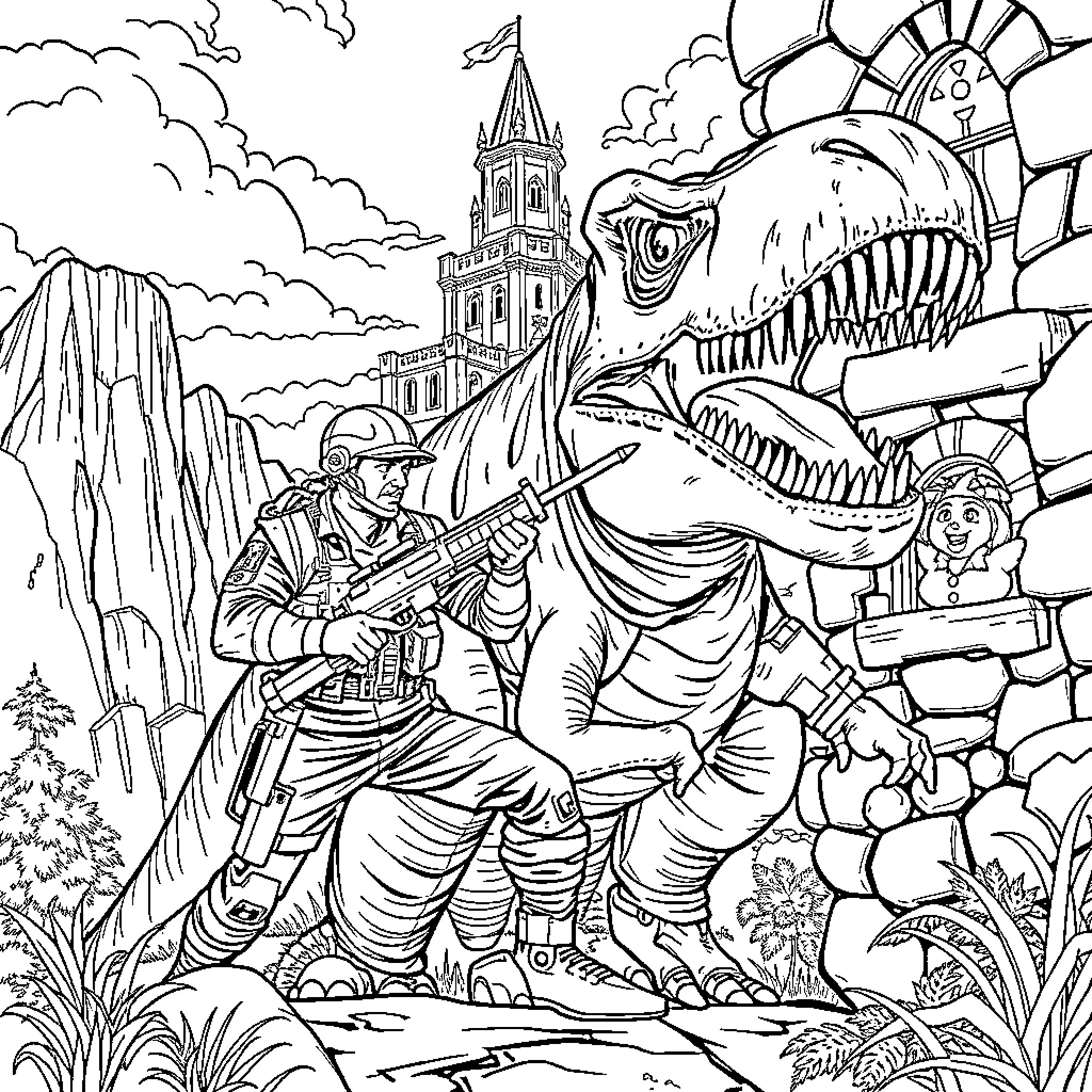 G.I. Joe Confronts Monstrous Adversary in Surreal Landscape Coloring Page (free black-and-white line drawing printable PDF for all, from beginners to advanced learners, including children, teens, adults, and seniors)