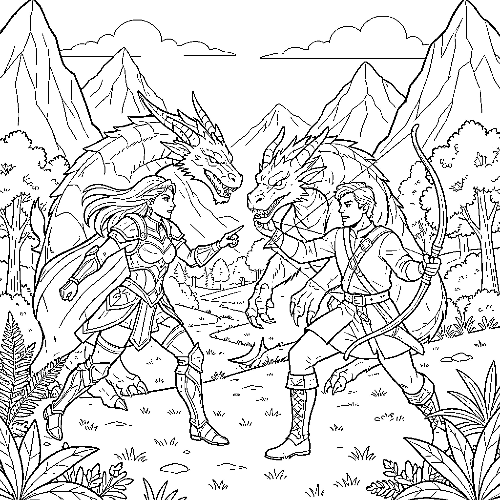 Warrior Confrontation in Majestic Mountain Landscape Coloring Page (free black-and-white line drawing printable PDF for all, from beginners to advanced learners, including children, teens, adults, and seniors)