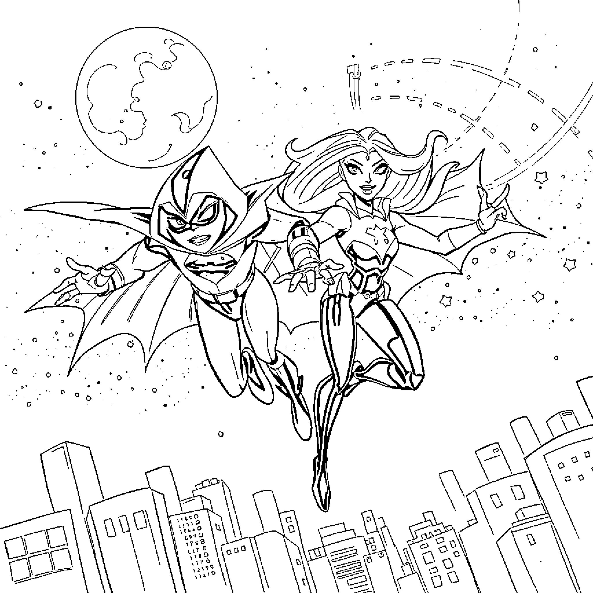 Raven heroes soaring above the city Coloring Page (free black-and-white line drawing printable PDF for all, from beginners to advanced learners, including children, teens, adults, and seniors)
