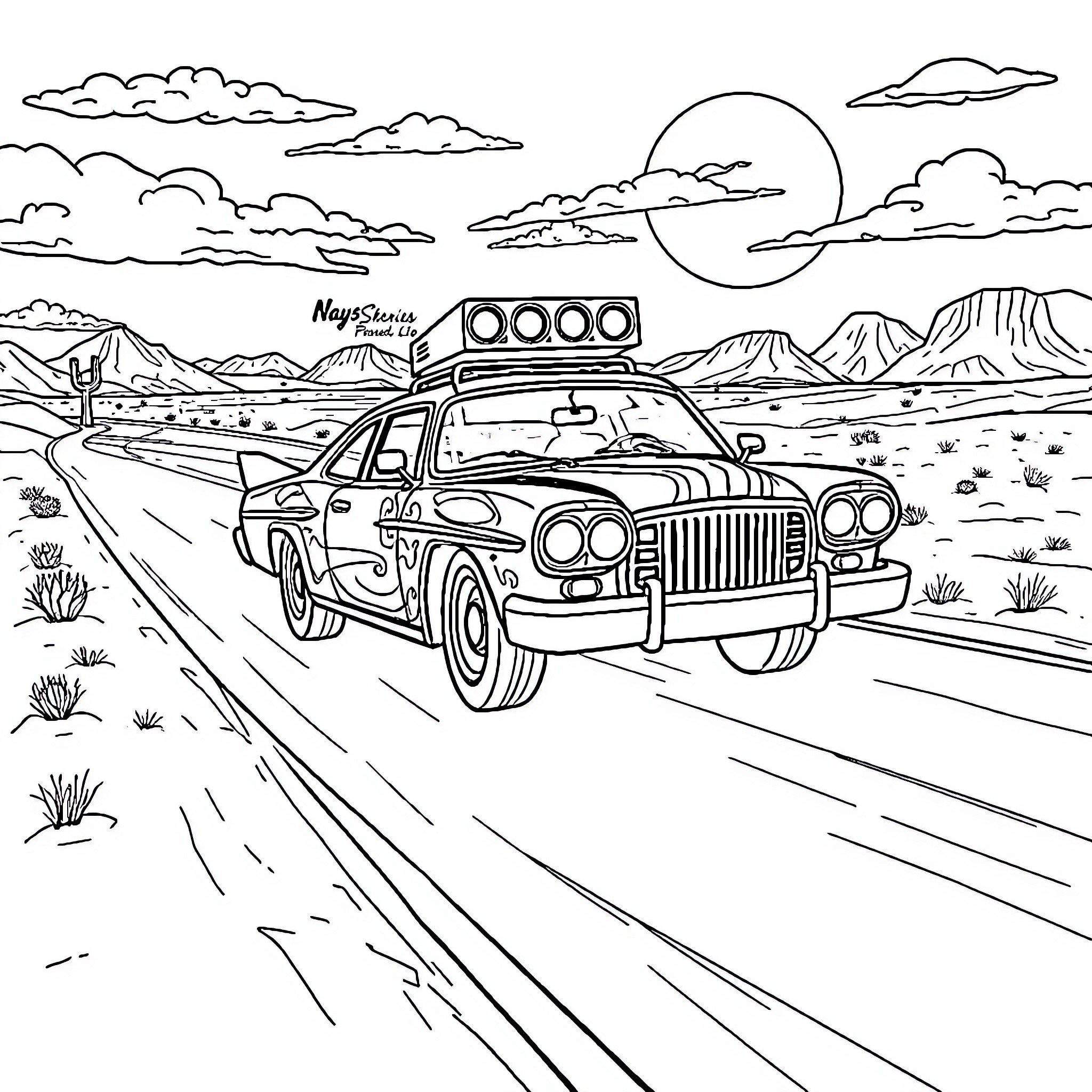 Car on a desert road through mountains Coloring Page (free black-and-white line drawing printable PDF for all, from beginners to advanced learners, including children, teens, adults, and seniors)