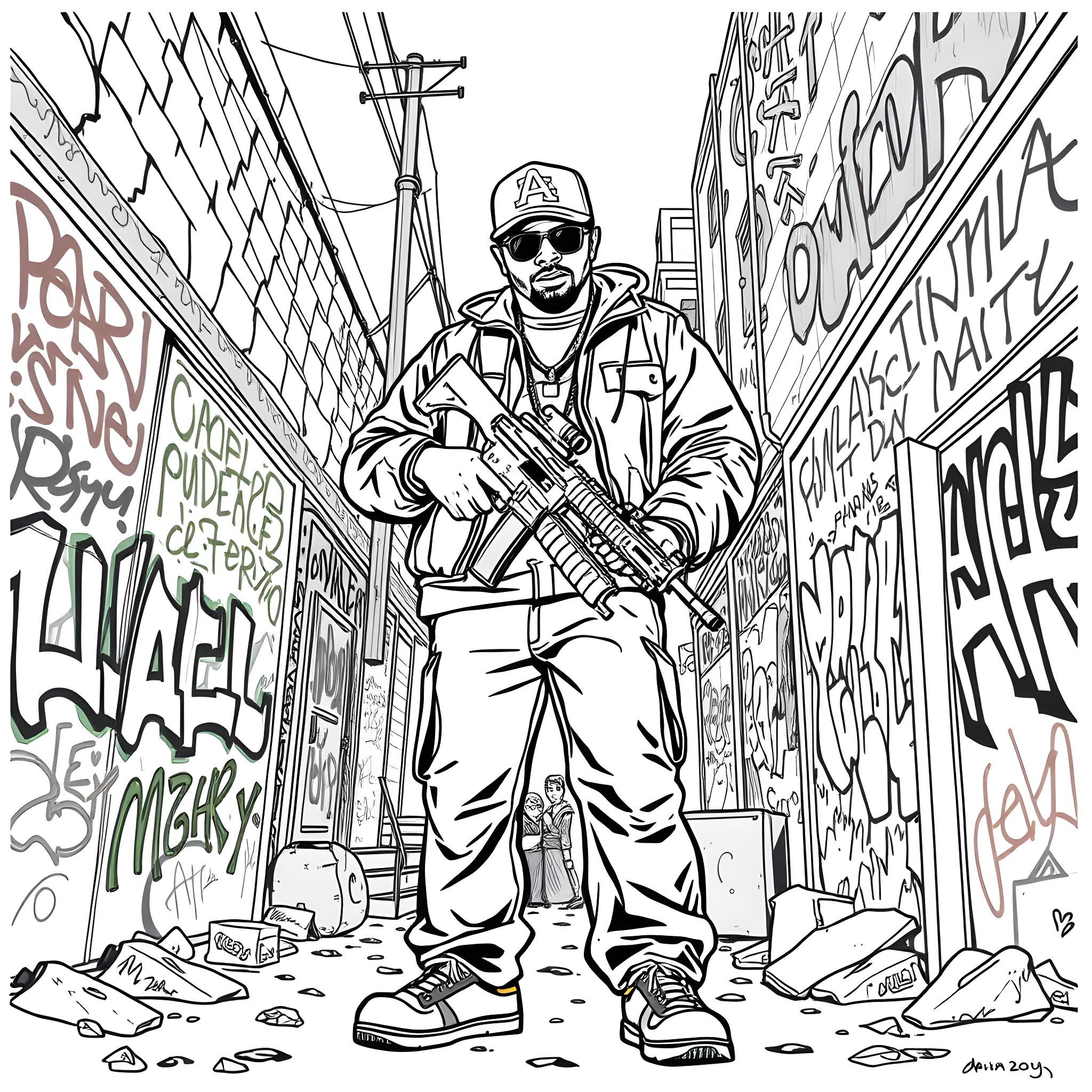 Eazy-E standing firmly in a graffiti-covered alley Coloring Page (free black-and-white line drawing printable PDF for all, from beginners to advanced learners, including children, teens, adults, and seniors)