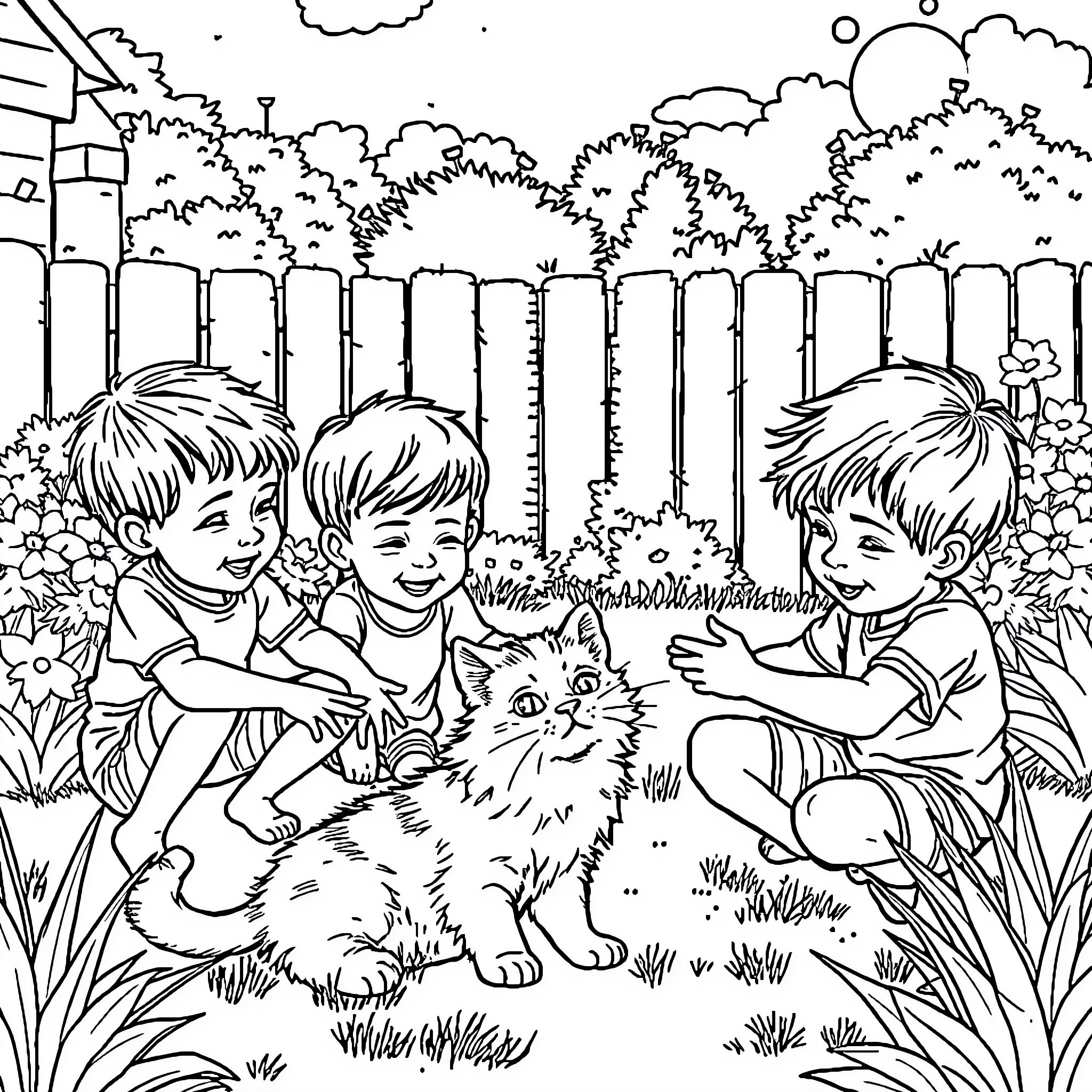 Boys playing with a cat in the backyard Coloring Page (free black-and-white line drawing printable PDF for all, from beginners to advanced learners, including children, teens, adults, and seniors)