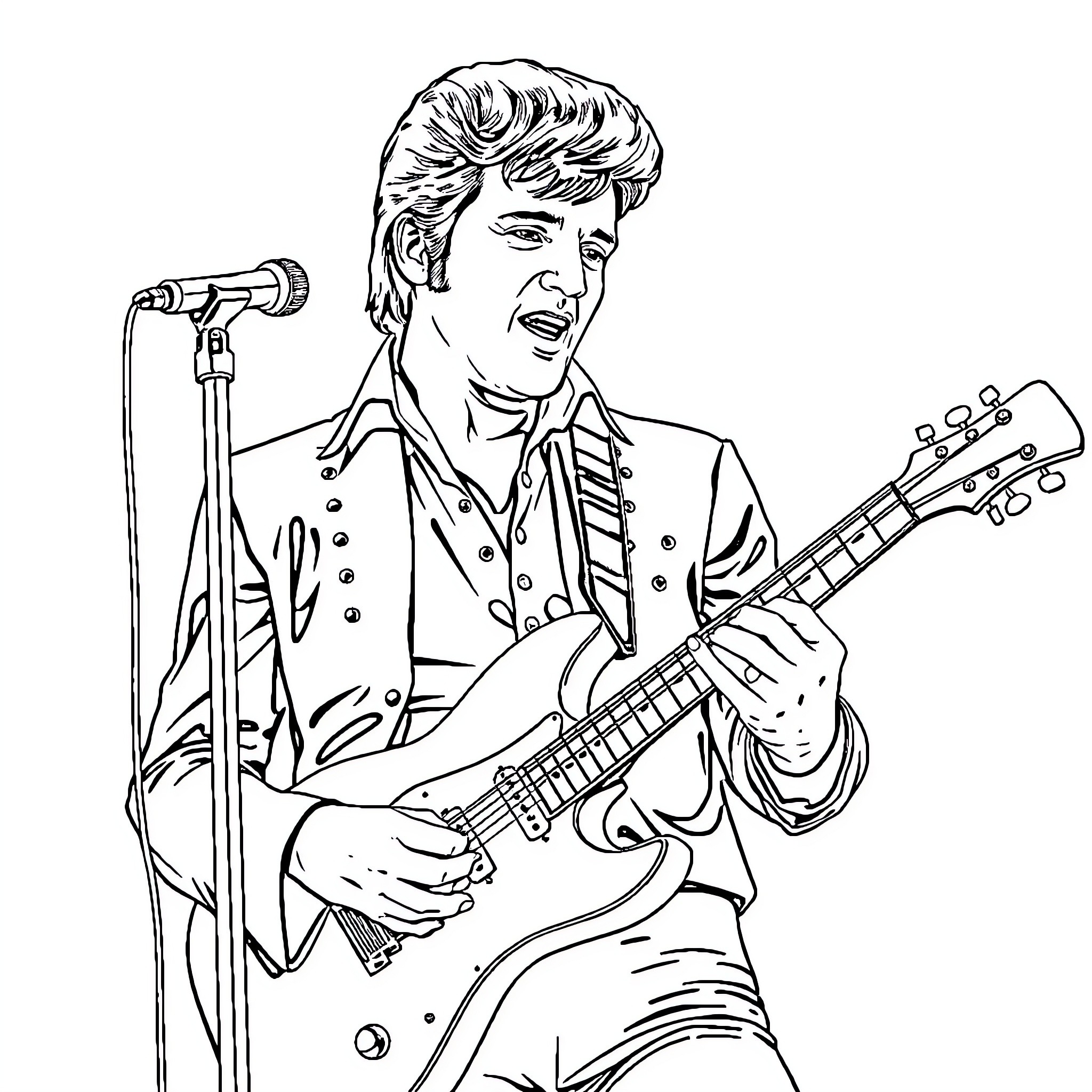 Elvis Performing on Stage with Electric Guitar Coloring Page (free black-and-white line drawing printable PDF for all, from beginners to advanced learners, including children, teens, adults, and seniors)