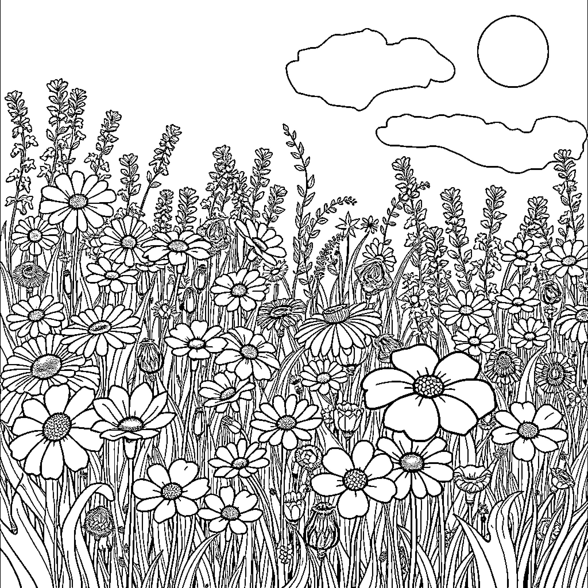 Wildflower Garden in Full Bloom Coloring Page (free black-and-white line drawing printable PDF for all, from beginners to advanced learners, including children, teens, adults, and seniors)
