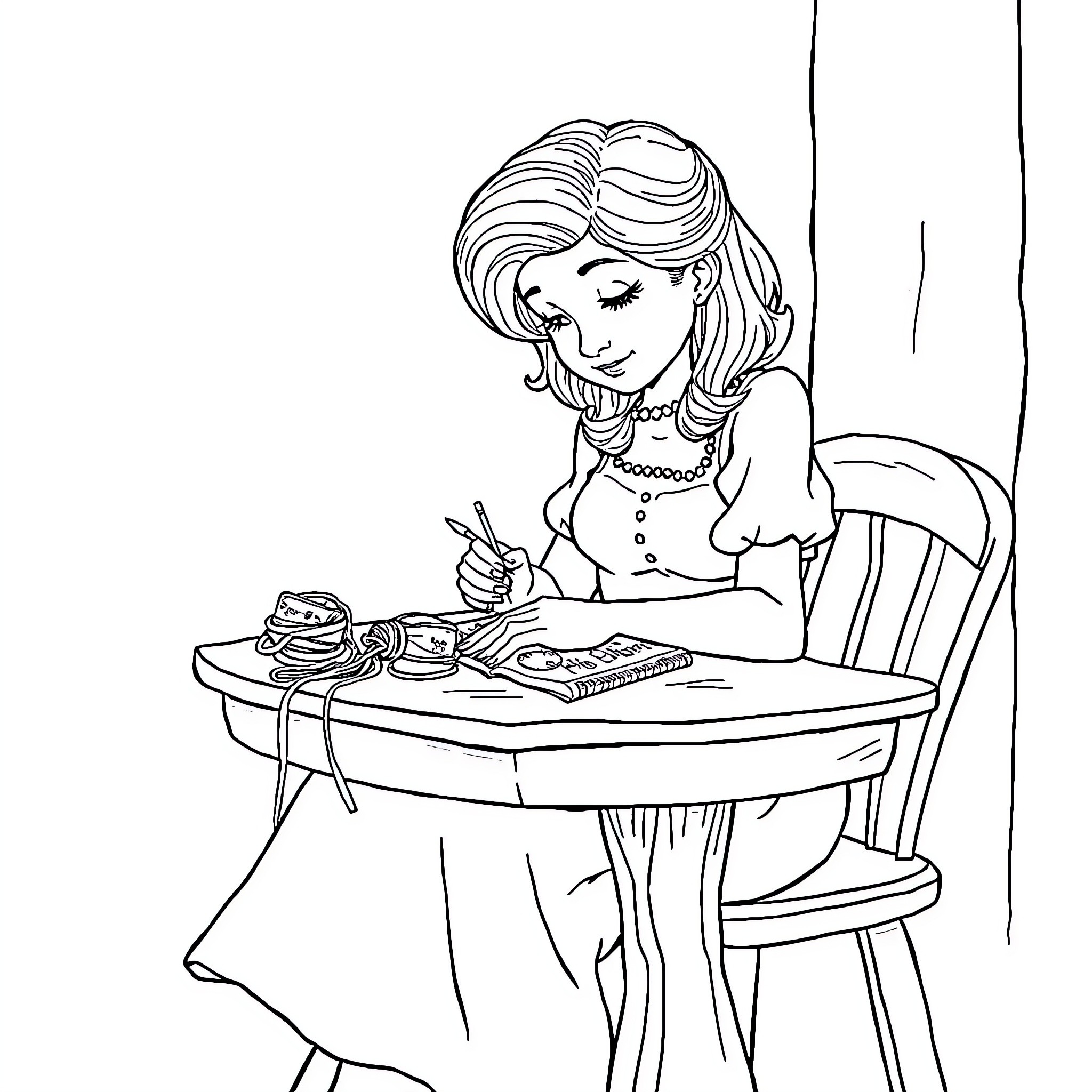 Snow White enjoys a meal at the table Coloring Page (free black-and-white line drawing printable PDF for all, from beginners to advanced learners, including children, teens, adults, and seniors)