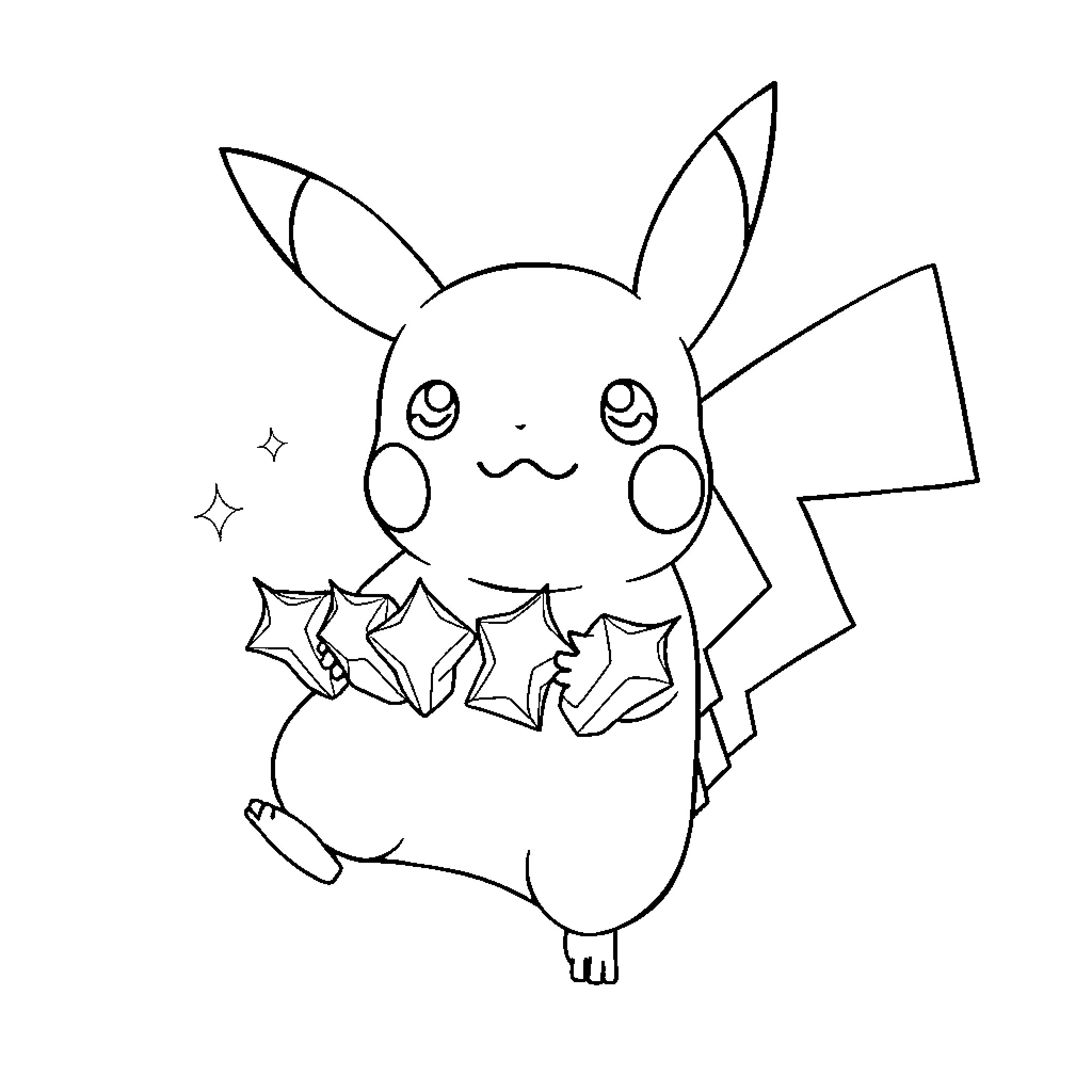 Pikachu holding sparkling stars happily Coloring Page (free black-and-white line drawing printable PDF for all, from beginners to advanced learners, including children, teens, adults, and seniors)