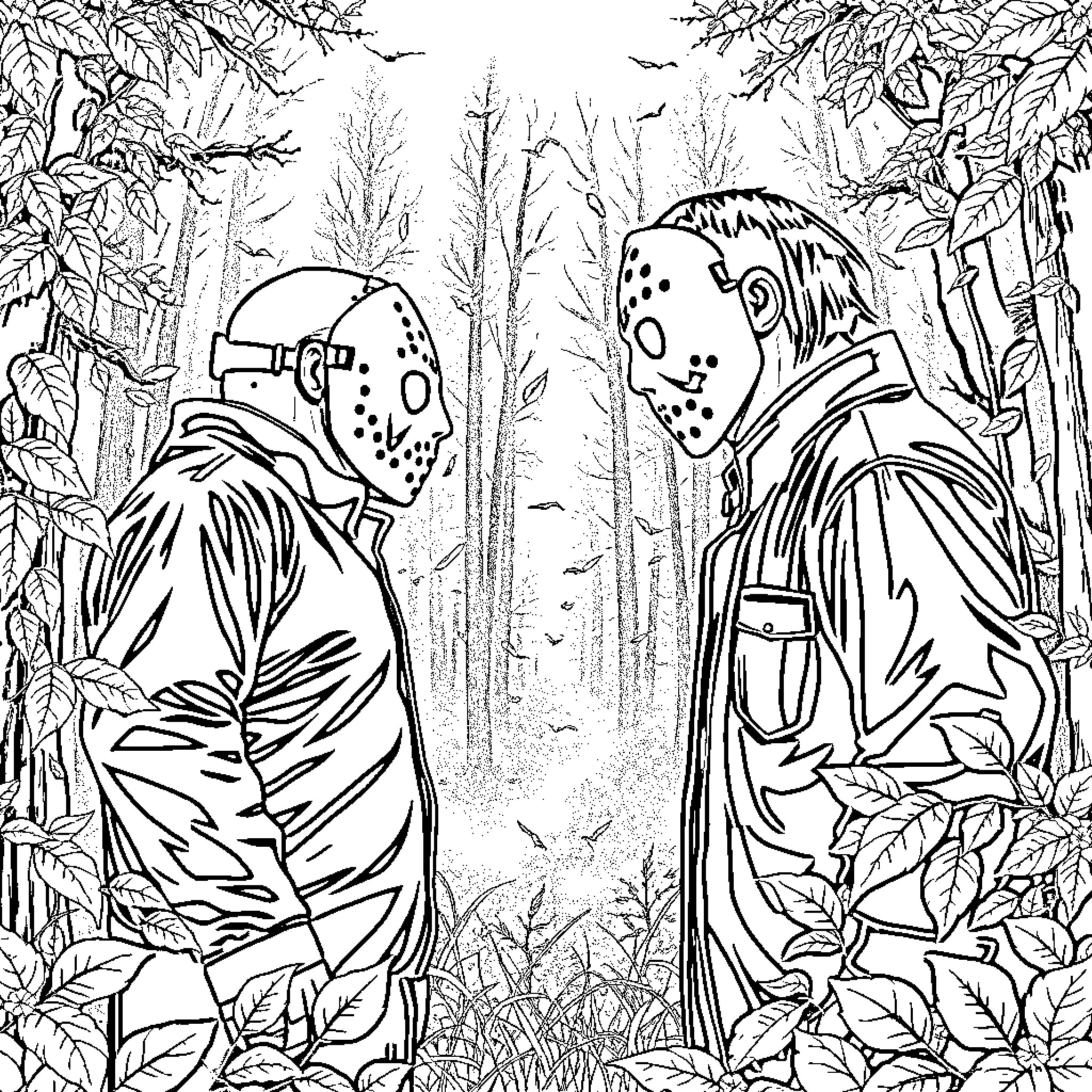 Jason vs Michael in a Spooky Forest Coloring Page (free black-and-white line drawing printable PDF for all, from beginners to advanced learners, including children, teens, adults, and seniors)
