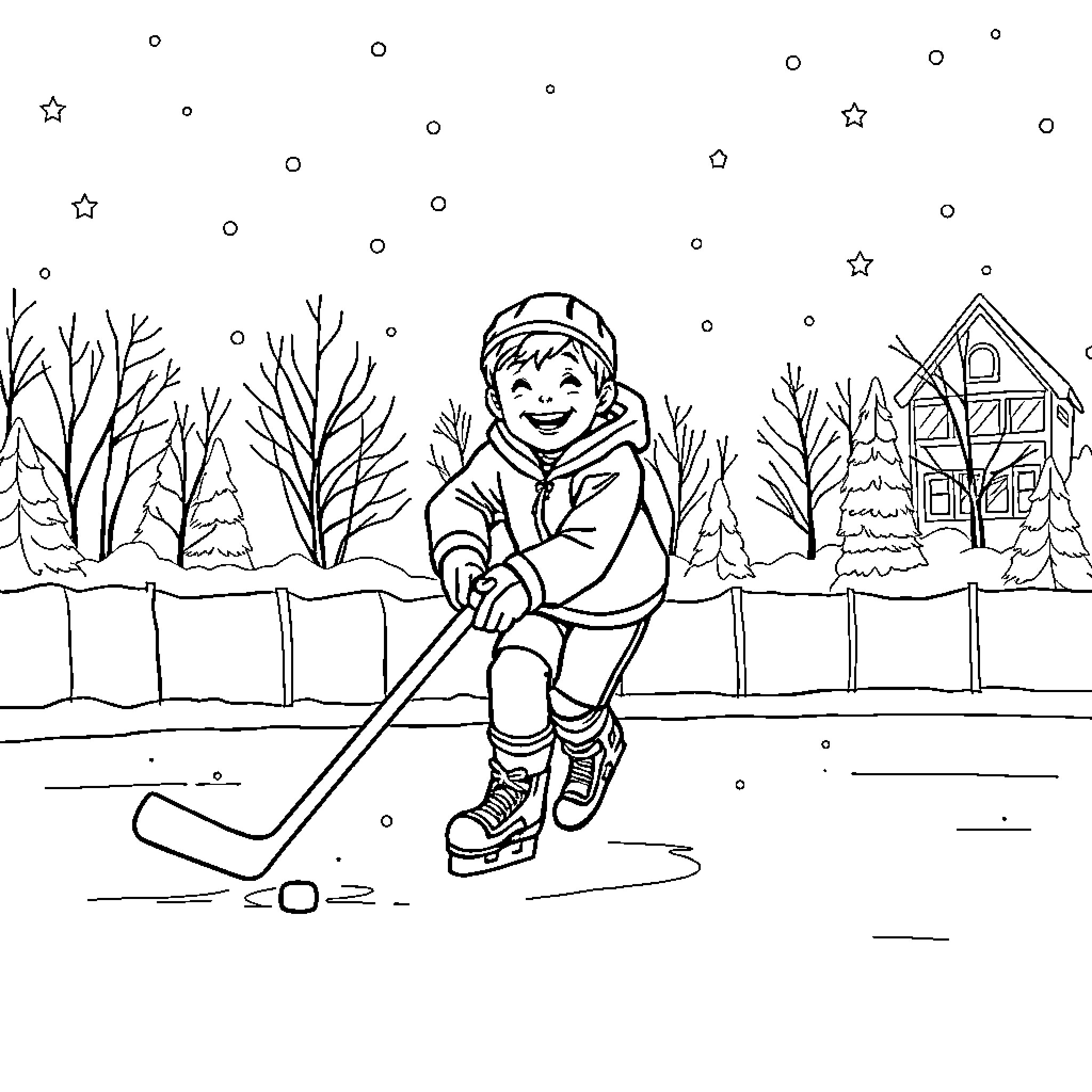 Boy playing hockey in the snowy winter landscape Coloring Page (free black-and-white line drawing printable PDF for all, from beginners to advanced learners, including children, teens, adults, and seniors)