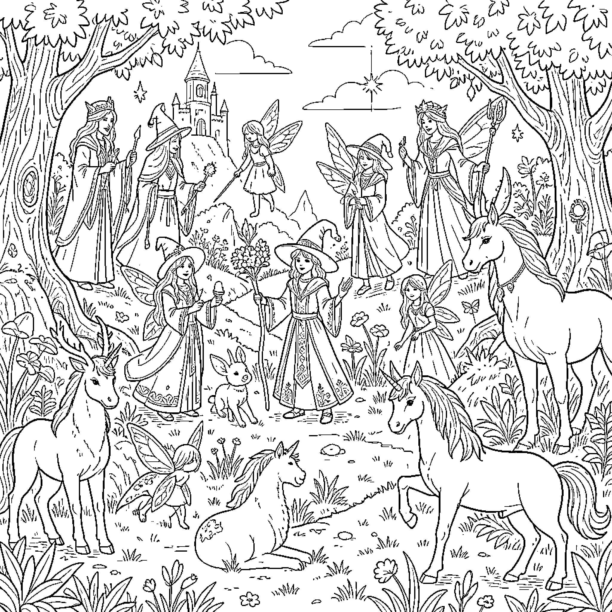Fantasy World of magical beings and mythical creatures Coloring Page (free black-and-white line drawing printable PDF for all, from beginners to advanced learners, including children, teens, adults, and seniors)