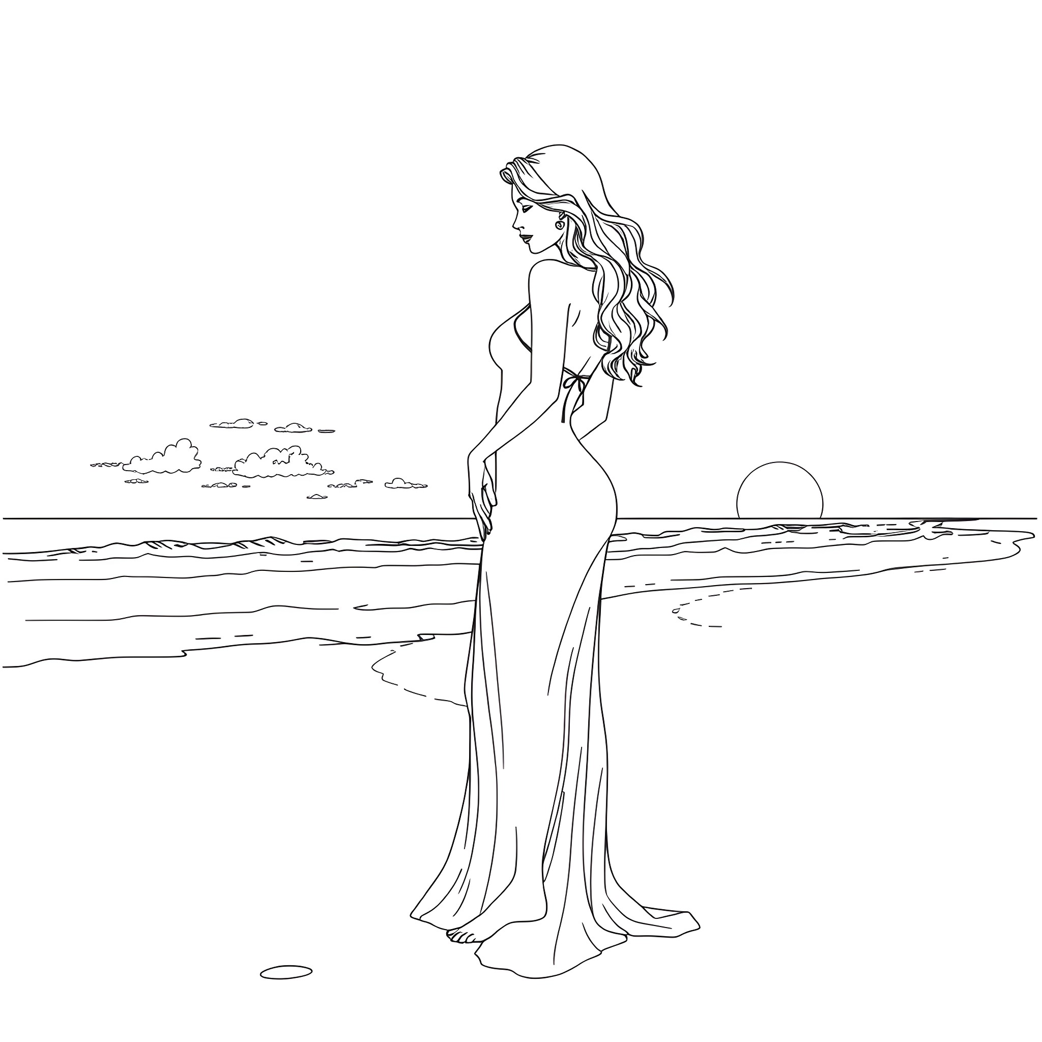 Woman standing gracefully on the beach Coloring Page (free black-and-white line drawing printable PDF for all, from beginners to advanced learners, including children, teens, adults, and seniors)