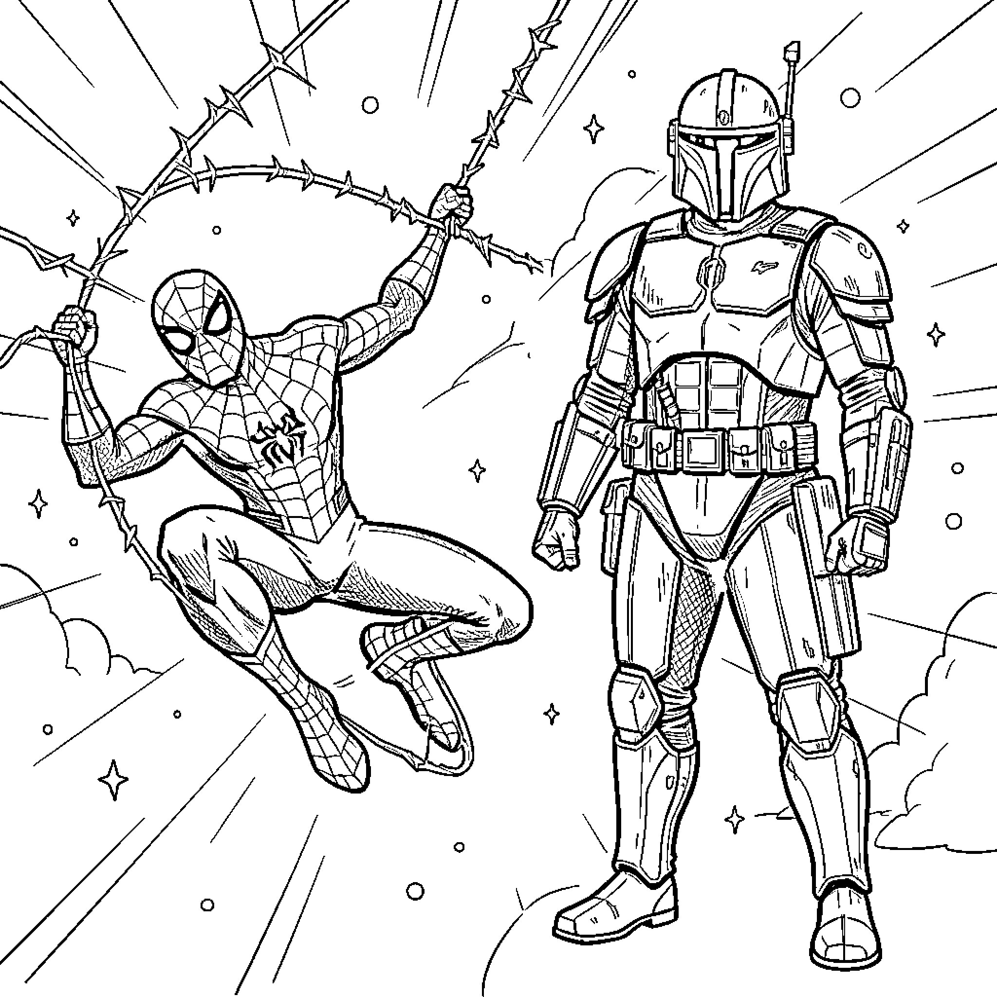 Spiderman swinging through the air near a warrior Coloring Page (free black-and-white line drawing printable PDF for all, from beginners to advanced learners, including children, teens, adults, and seniors)