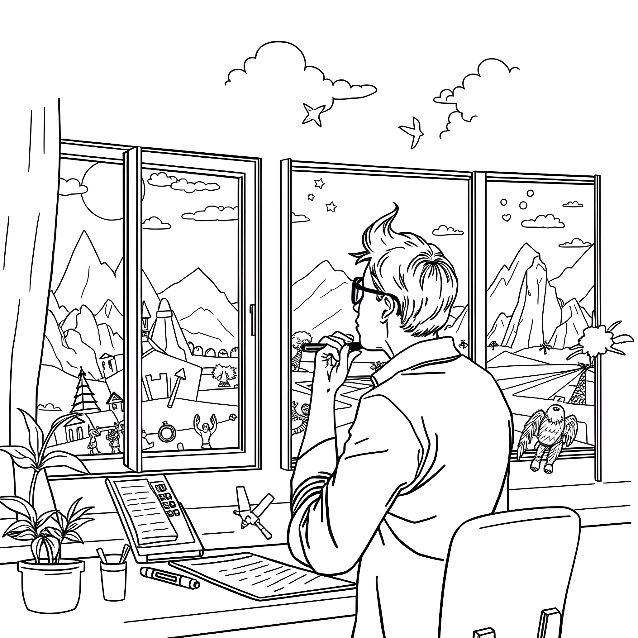 Teacher admiring the scenic view from the classroom window Coloring Page (free black-and-white line drawing printable PDF for all, from beginners to advanced learners, including children, teens, adults, and seniors)
