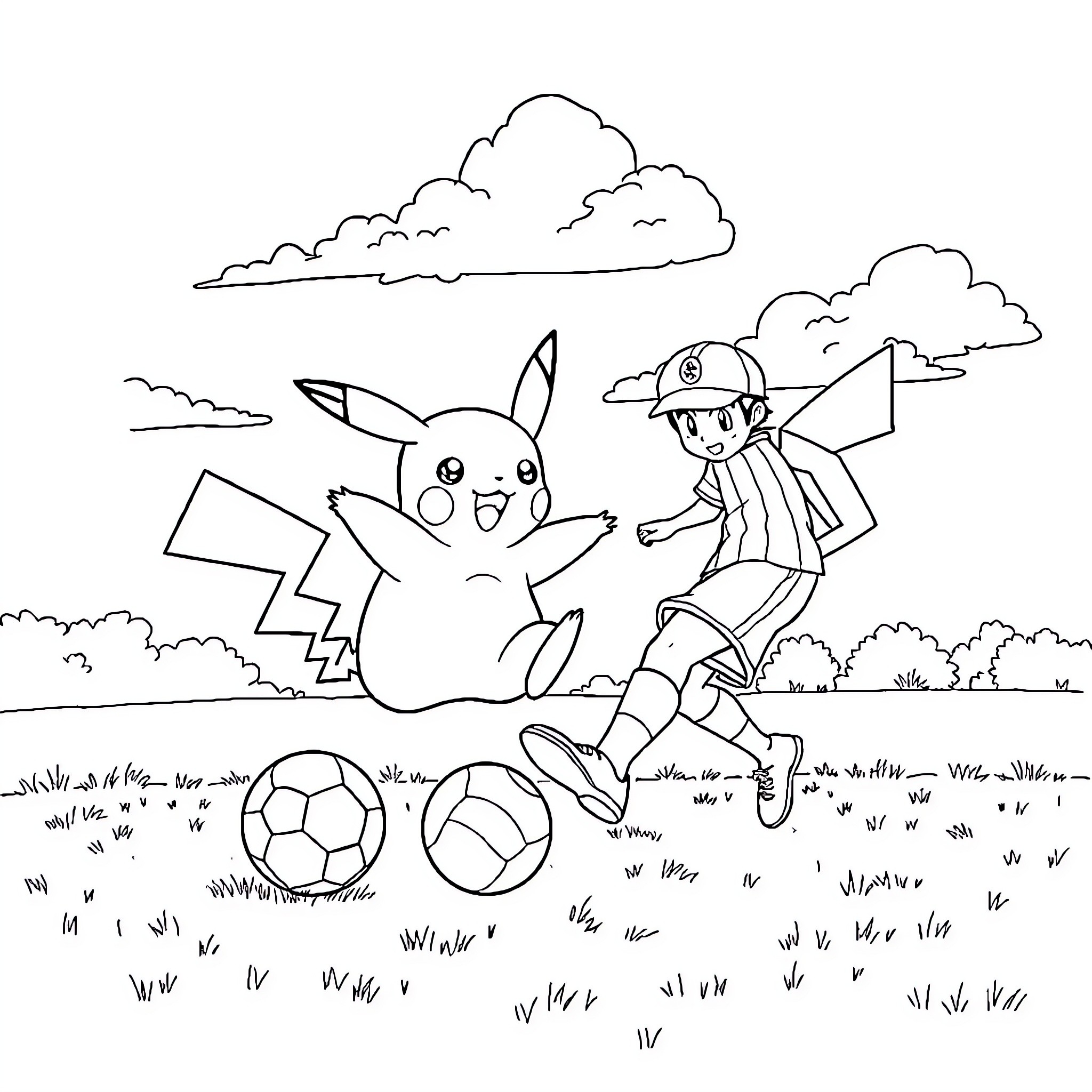 Pikachu playing with a young trainer in the field Coloring Page (free black-and-white line drawing printable PDF for all, from beginners to advanced learners, including children, teens, adults, and seniors)