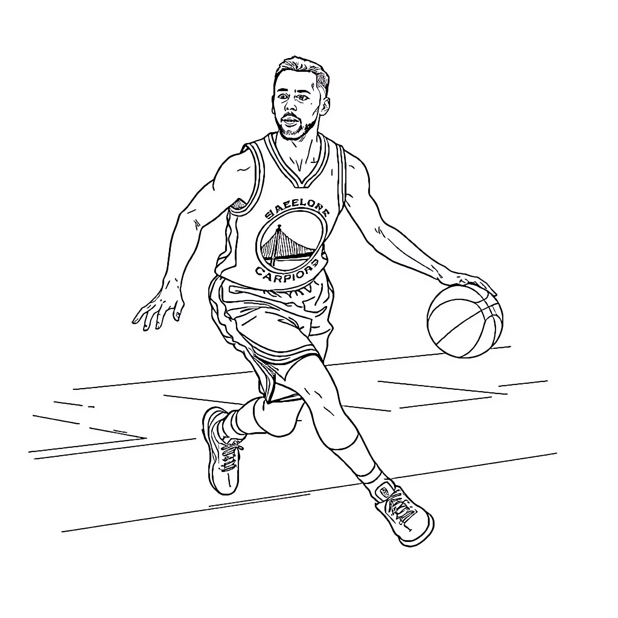Stephen Curry Dribbling Basketball on Court Coloring Page (free black-and-white line drawing printable PDF for all, from beginners to advanced learners, including children, teens, adults, and seniors)