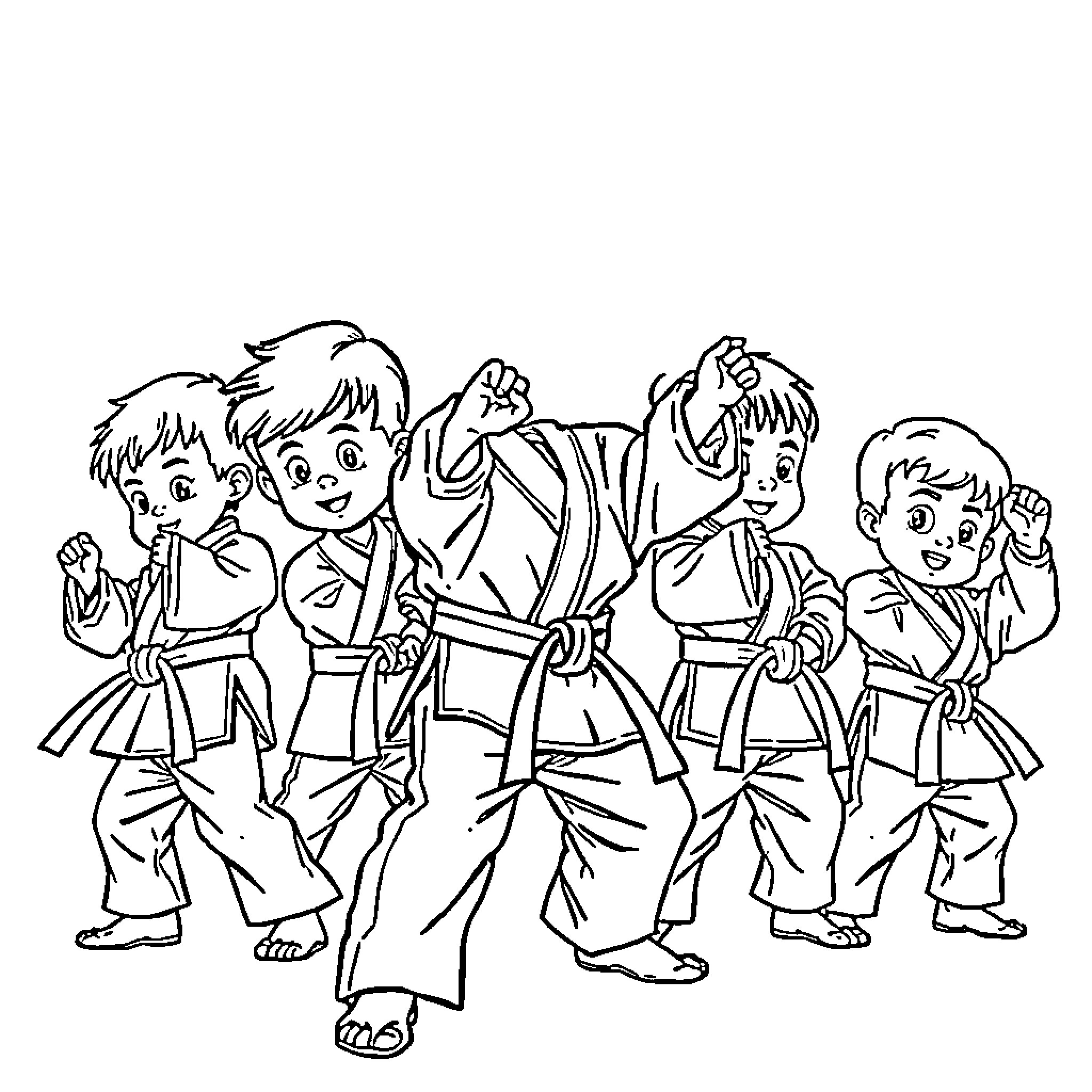 Minion Martial Arts Practitioners in Action Coloring Page (free black-and-white line drawing printable PDF for all, from beginners to advanced learners, including children, teens, adults, and seniors)