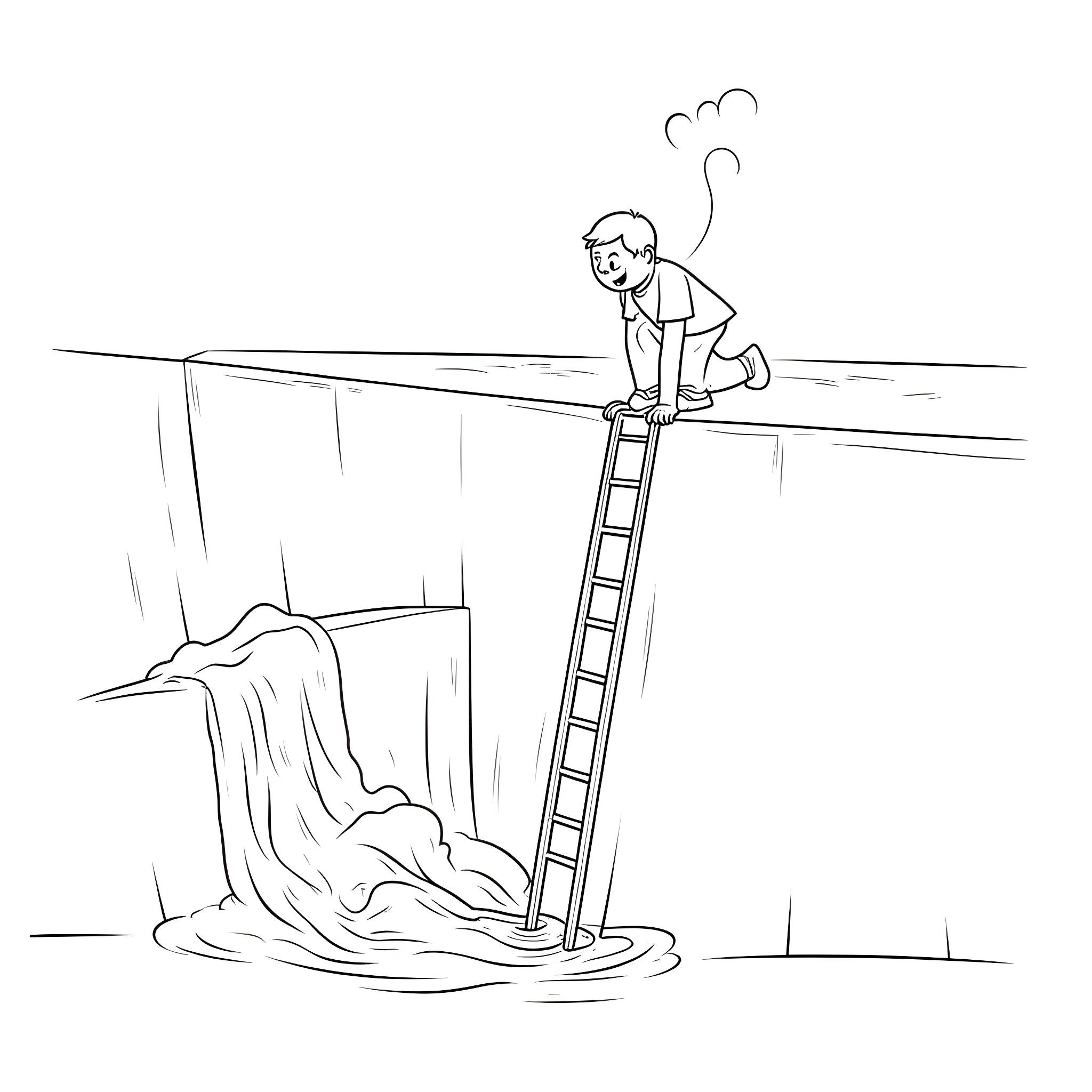 Man climbing a ladder towards a precipice Coloring Page (free black-and-white line drawing printable PDF for all, from beginners to advanced learners, including children, teens, adults, and seniors)