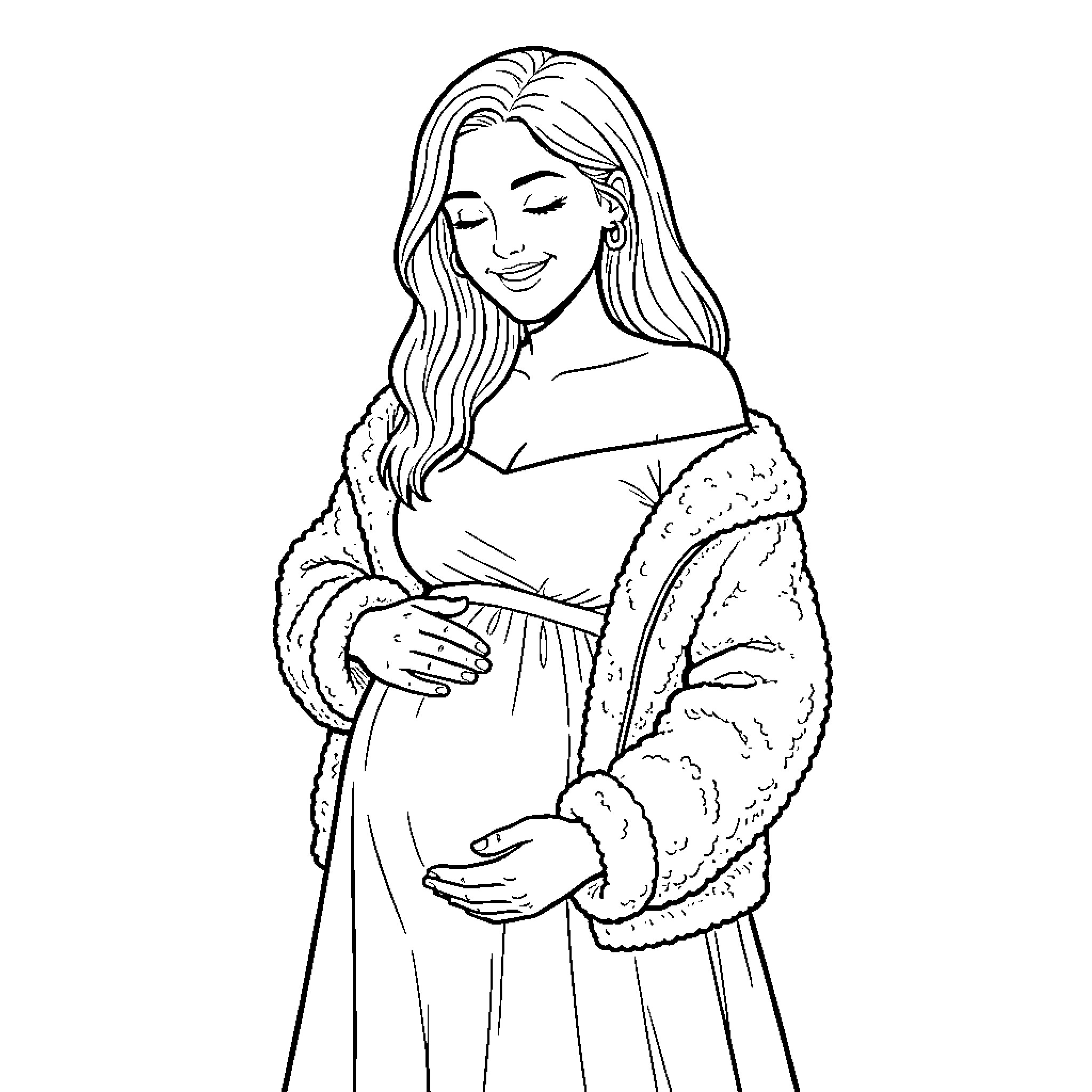Pregnant Woman Wrapped in Warm Fur Coat Coloring Page (free black-and-white line drawing printable PDF for all, from beginners to advanced learners, including children, teens, adults, and seniors)