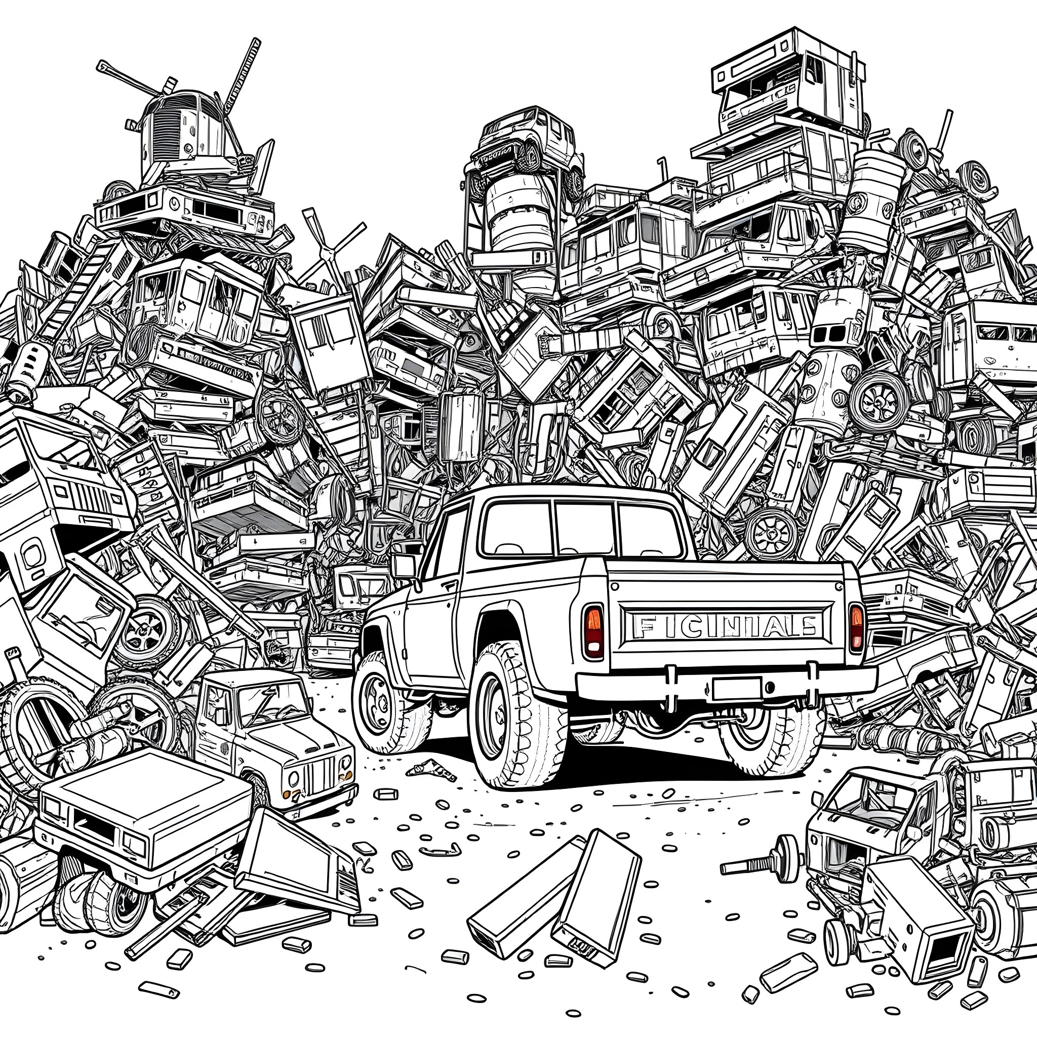 Pick Up Truck Amid Piled Debris and Wreckage Coloring Page (free black-and-white line drawing printable PDF for all, from beginners to advanced learners, including children, teens, adults, and seniors)