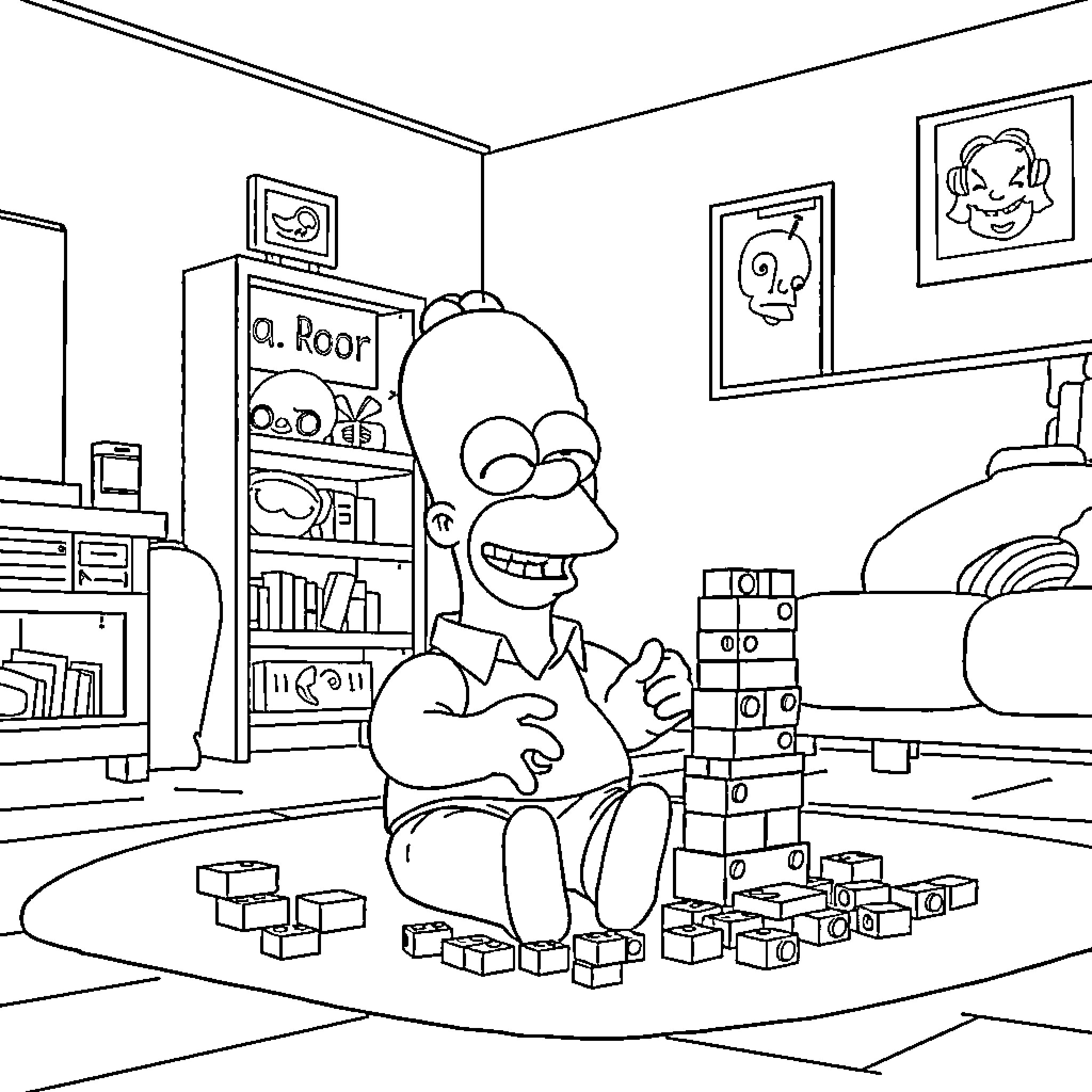 Homer Simpson playing with building blocks at home Coloring Page (free black-and-white line drawing printable PDF for all, from beginners to advanced learners, including children, teens, adults, and seniors)