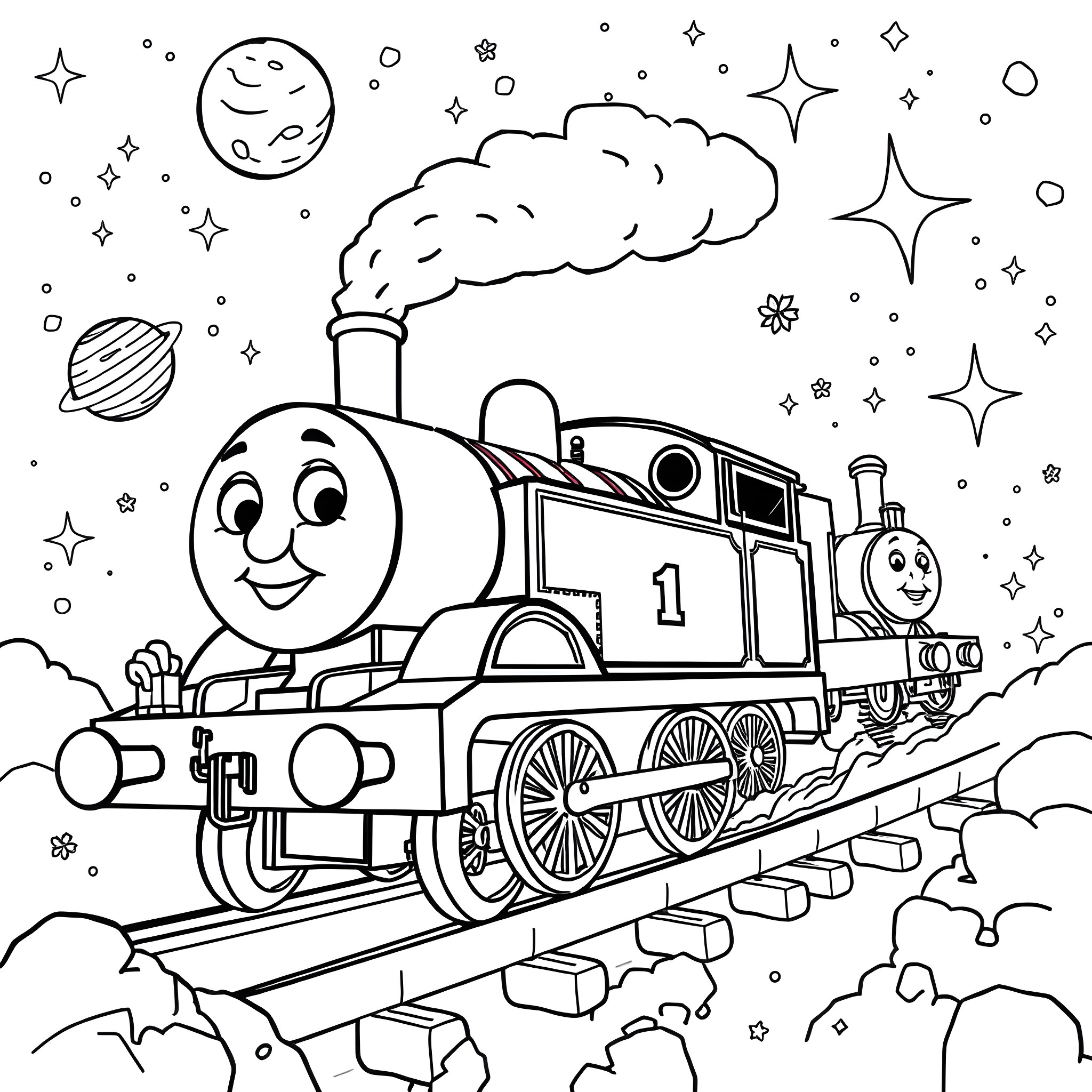 Thomas the Train exploring the Cosmic Landscape Coloring Page (free black-and-white line drawing printable PDF for all, from beginners to advanced learners, including children, teens, adults, and seniors)