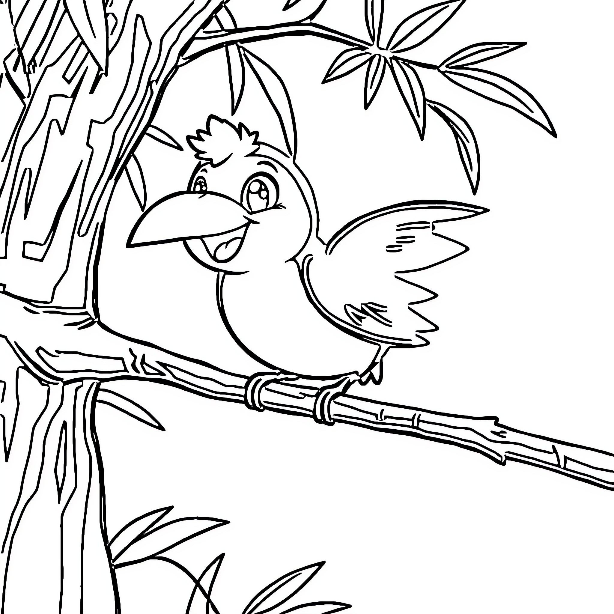 Toucan perched on a tree branch Coloring Page (free black-and-white line drawing printable PDF for all, from beginners to advanced learners, including children, teens, adults, and seniors)