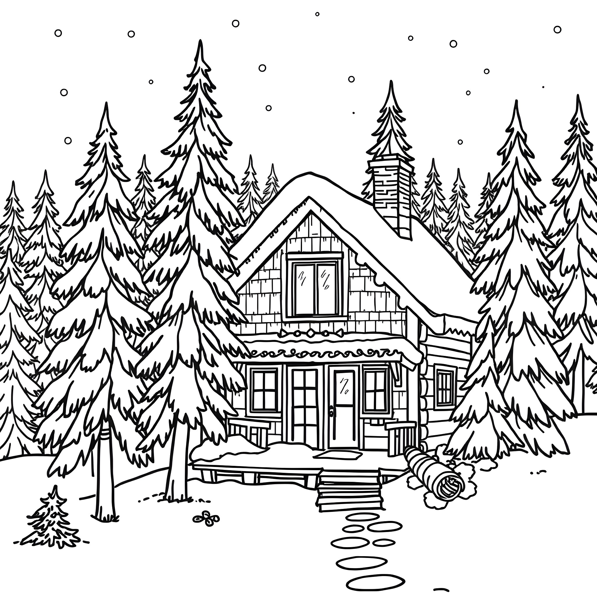 Cabin in the snowy forest Coloring Page (free black-and-white line drawing printable PDF for all, from beginners to advanced learners, including children, teens, adults, and seniors)