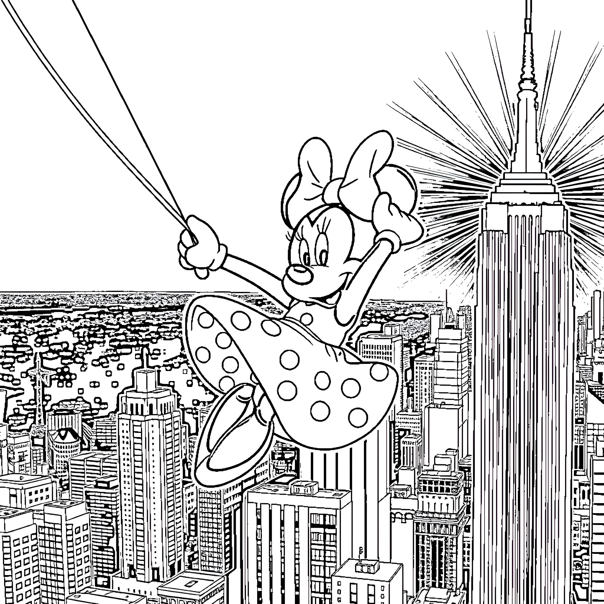 Minnie Mouse exploring the city skyline Coloring Page (free black-and-white line drawing printable PDF for all, from beginners to advanced learners, including children, teens, adults, and seniors)