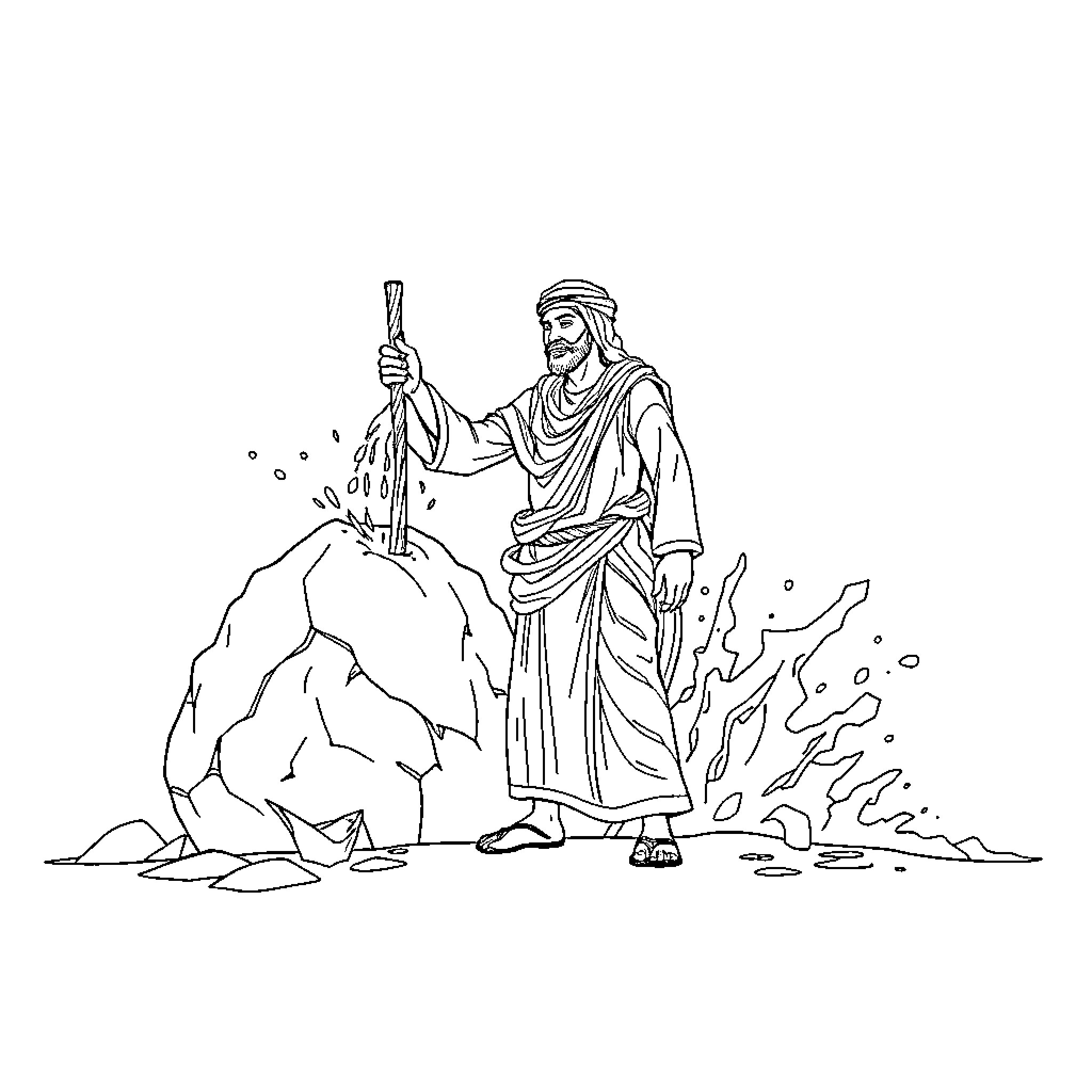Man striking rock with staff in the wilderness Coloring Page (free black-and-white line drawing printable PDF for all, from beginners to advanced learners, including children, teens, adults, and seniors)