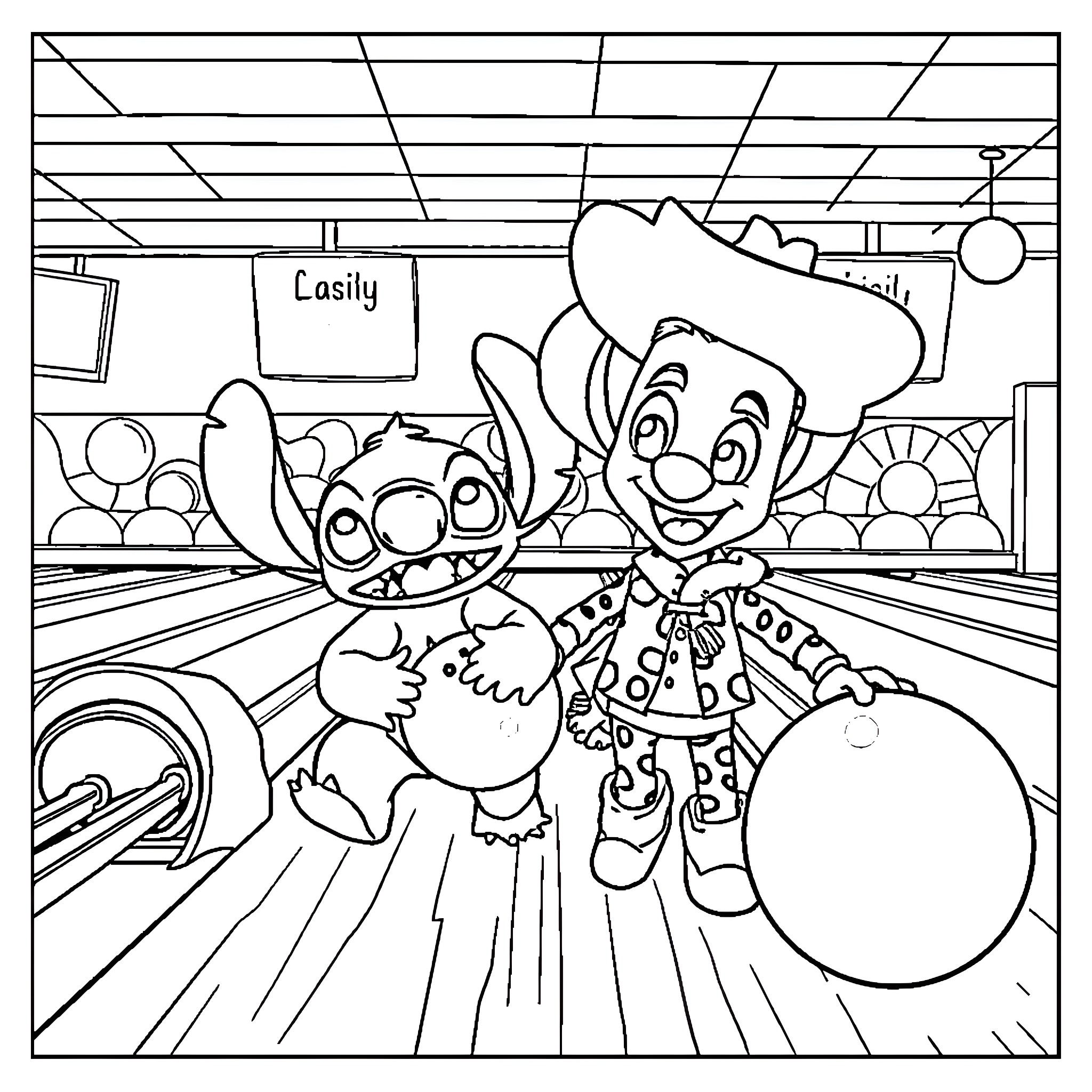 Stitch and Cowboy Joyfully Bowling Together Coloring Page (free black-and-white line drawing printable PDF for all, from beginners to advanced learners, including children, teens, adults, and seniors)